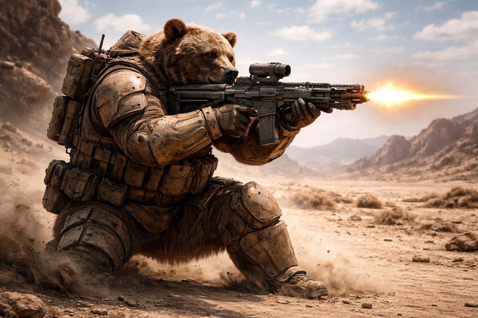 A grizzled bear wearing tactical desert exoskeleton armor fires a heavy rifle across a sun-drenched wasteland in this cinematic sci-fi character render.