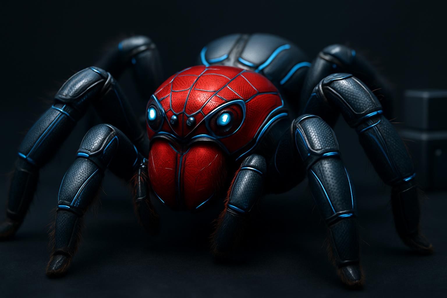A high-end studio advertisement captures a tarantula in a Spider-Man–inspired, technologically advanced suit: sleek armored plates, illuminated seams and carbon-weave texture. Shot macro with razor clarity and shallow depth, the image reads as a tactile, uncanny portrait of tiny, poised heroism.