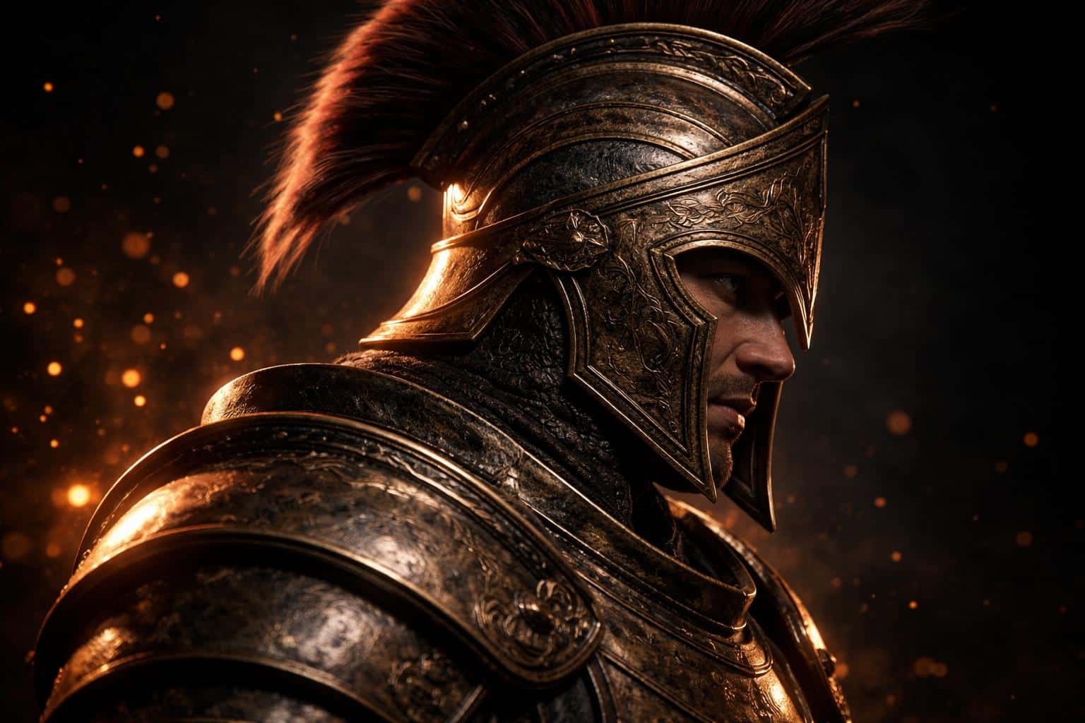 Close-profile 3D-render of a single armored warrior with a weathered helmet and glowing embers, composed for a 3:2 wallpaper with cinematic lighting and shallow depth.