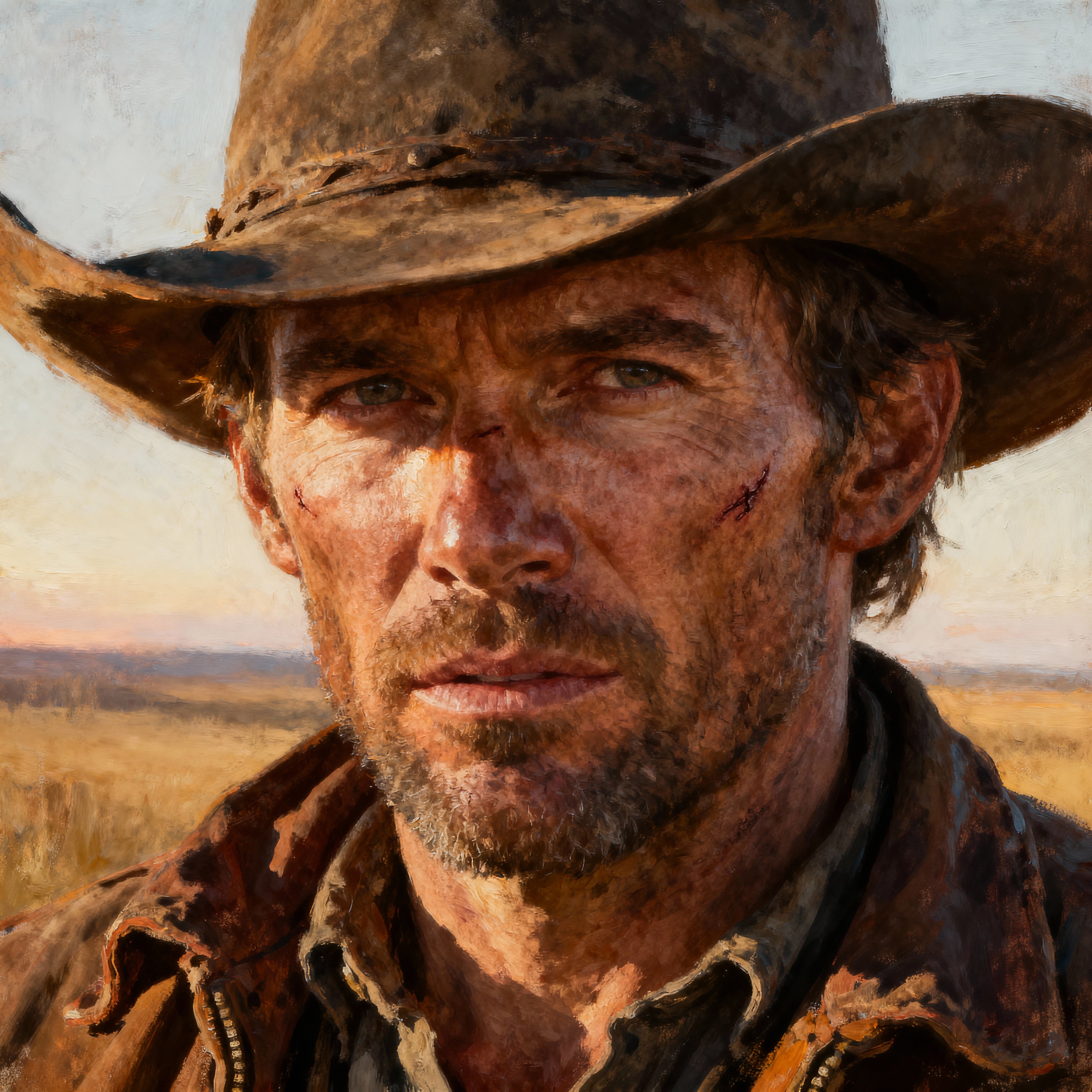 A stunning, creative portrait of a cowboy rendered with artistic flair. Focus on expressive lighting, rich textures, and a strong emotional presence. Include detailed facial features, weathered clothing, and atmospheric background elements,