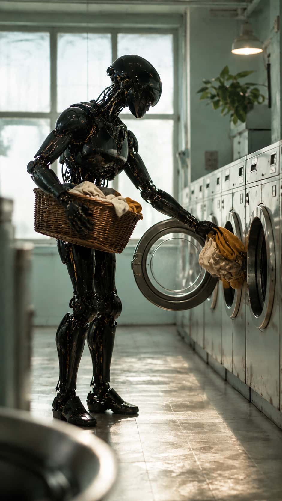 A standing black robot holds a wicker laundry basket and loads cream and ochre clothes into an open washing machine.