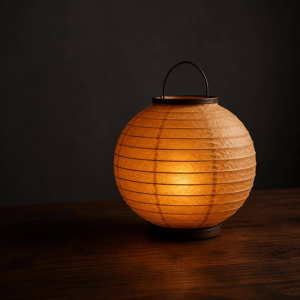 Single amber paper lantern resting on a dark walnut table, softly side-lit against a plain charcoal background in a minimal still life.
