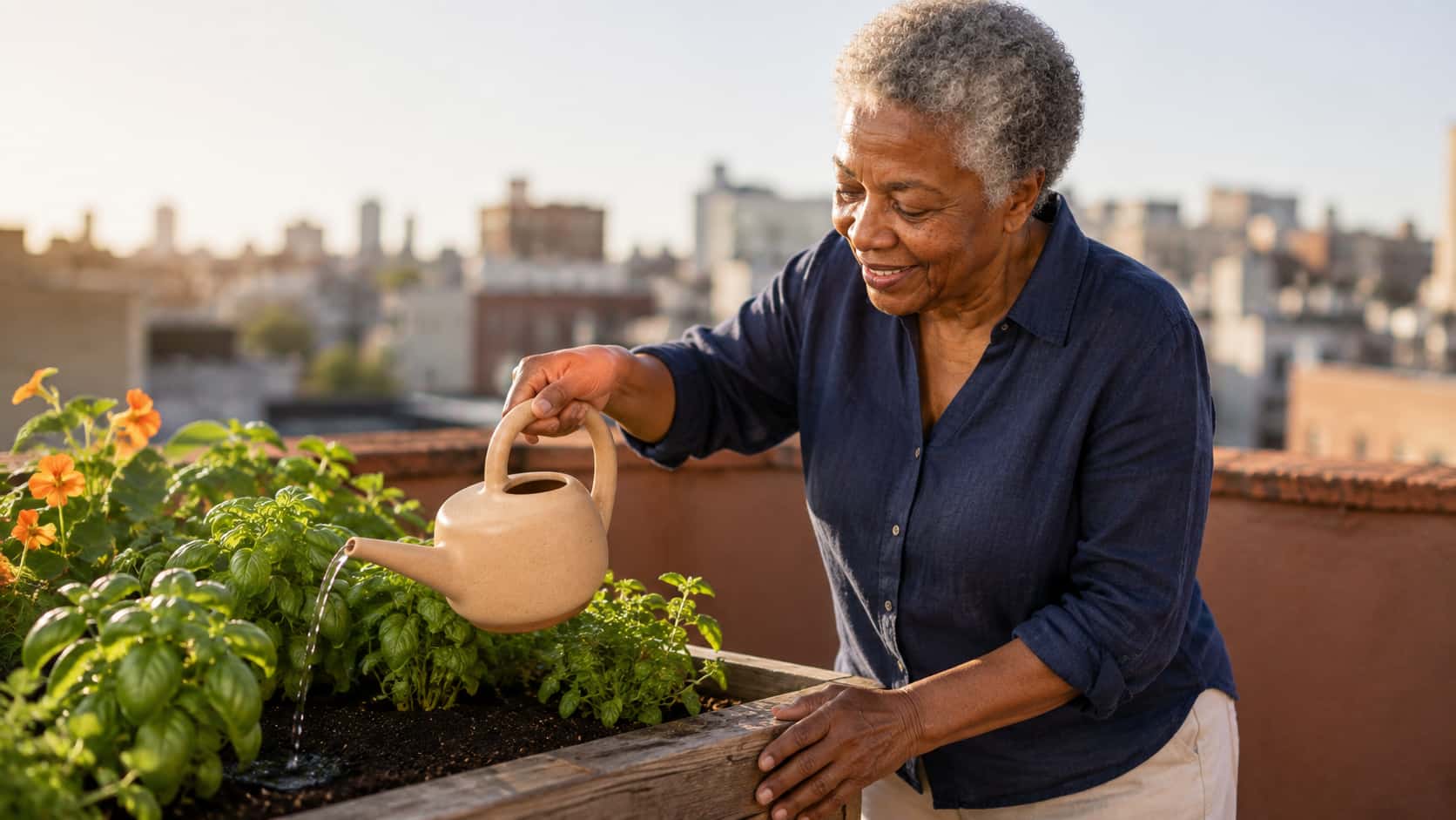 Silver-haired Inez smiles while watering rooftop basil with an apricot ceramic can beside orange flowers.