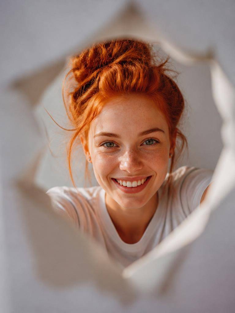 A ginger-haired young woman smiles directly at the camera in a creative portrait, with warm expression, natural texture, and an upbeat artistic mood.
