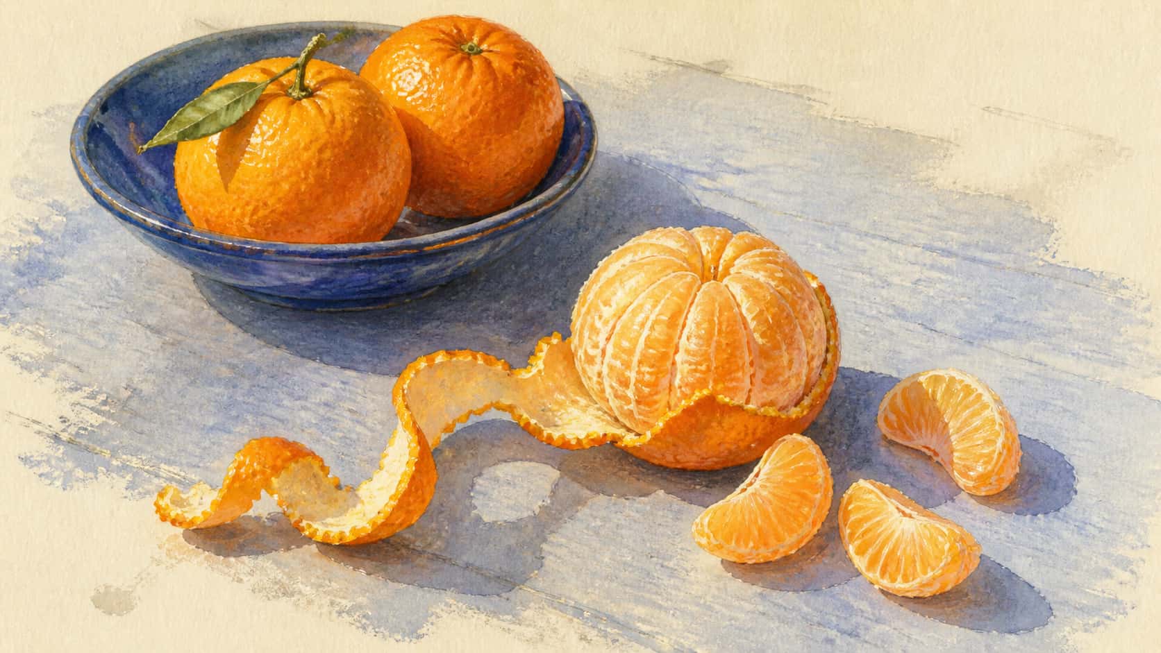 Watercolor of mandarins in a cobalt dish and a partly peeled mandarin on a blue table, with curling peel and lavender shadows.