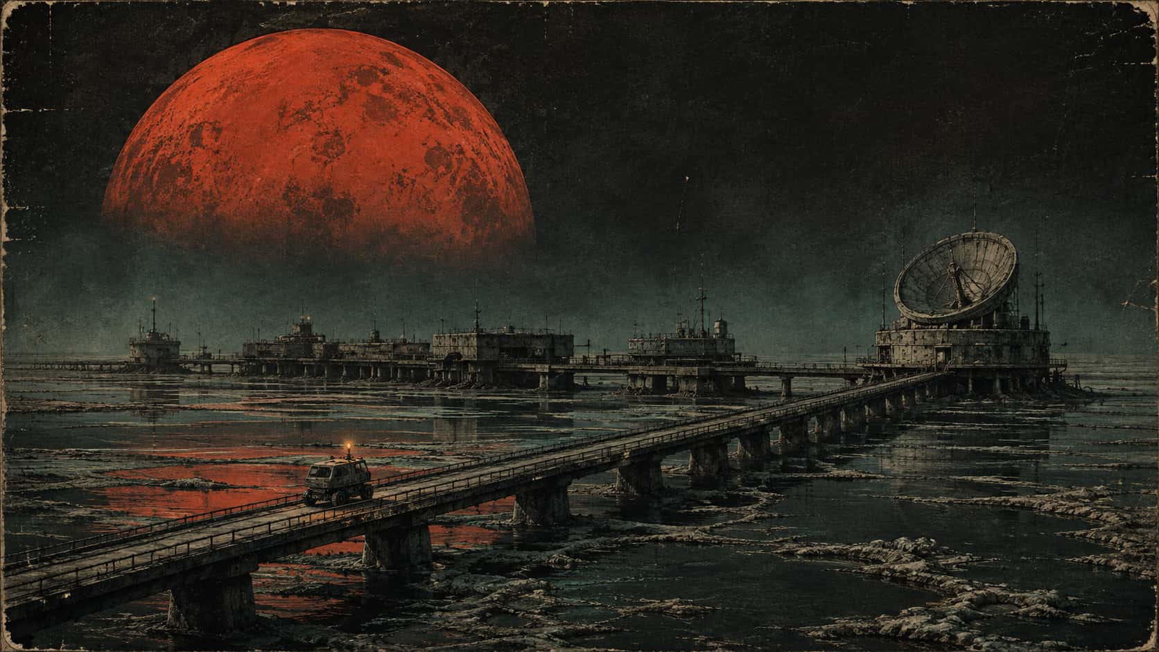 A rover crosses a dark salt marsh toward a low observatory under a red planet.
