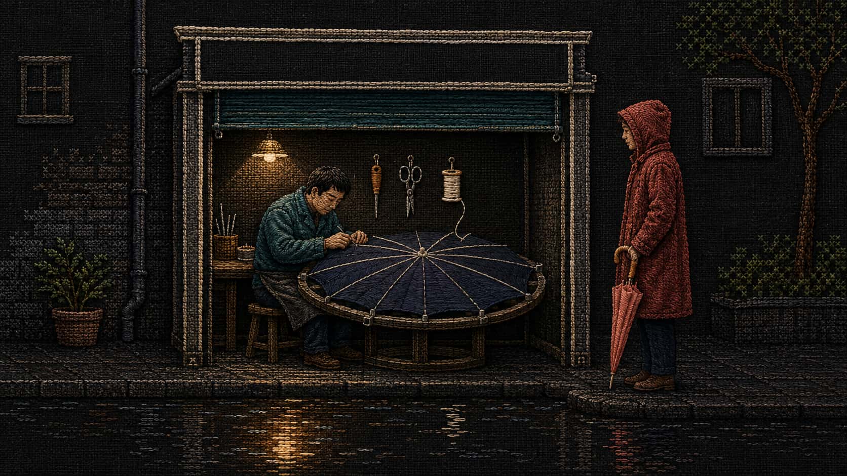 Embroidered night scene of an artisan mending an open indigo umbrella under an amber kiosk lamp while a customer waits with a folded coral umbrella beside a rain puddle.