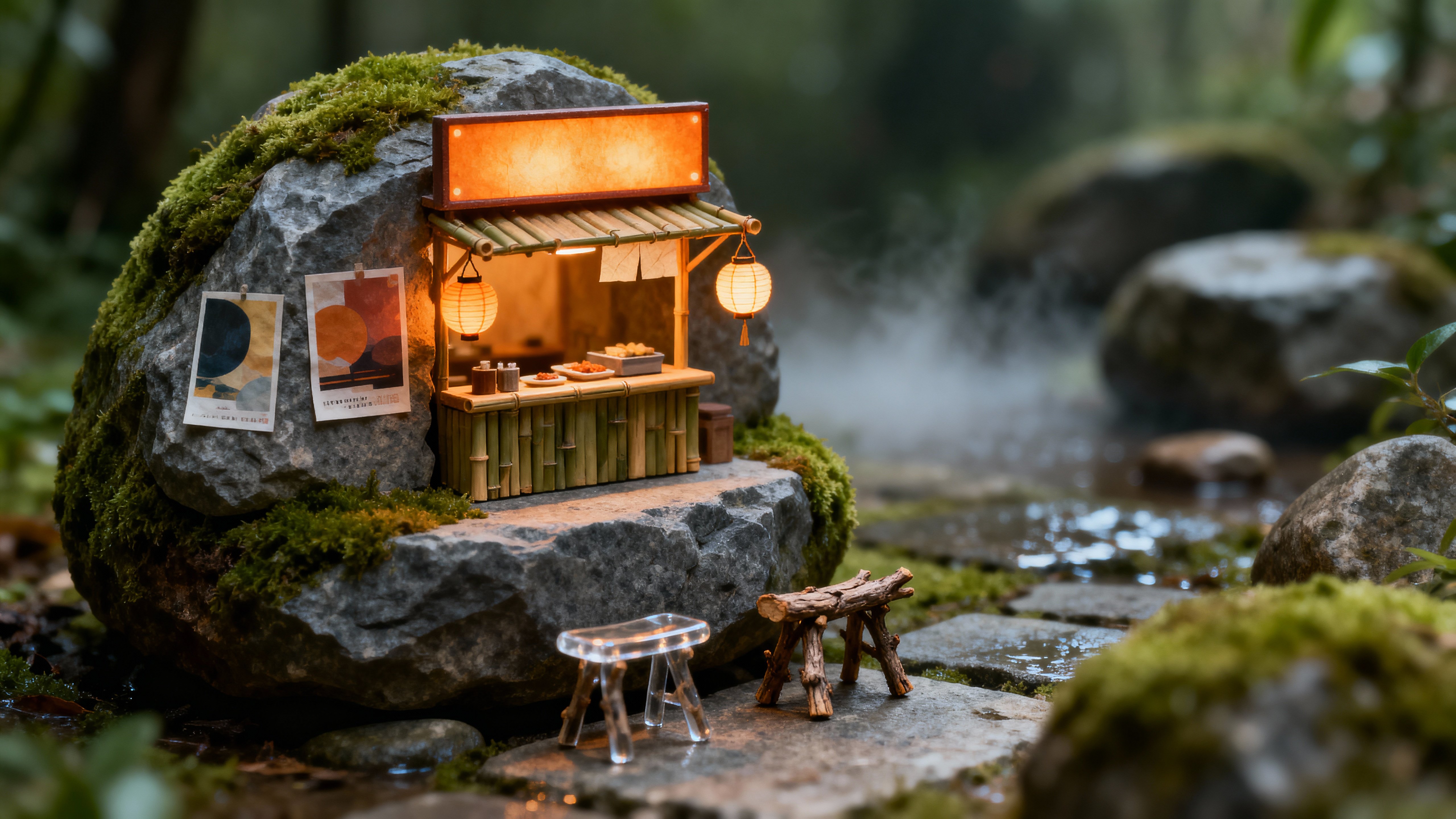 A pocket-sized Asian street food stall nests on a mossy rock like a carved miniature cinema, with a glowing marquee, tiny unlettered posters, and twig seats under soft amber light.