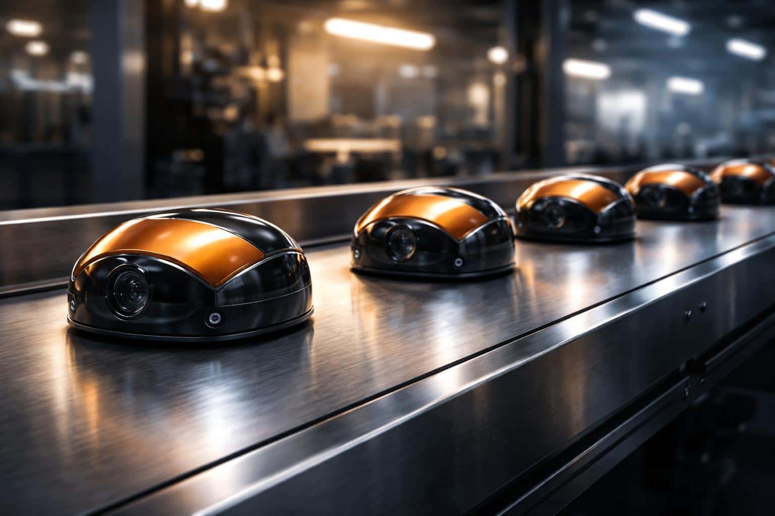 Close 3:2 product-photography of an assembly line showing products moving in precise alignment with industrial lighting and clean negative space for poster use.
