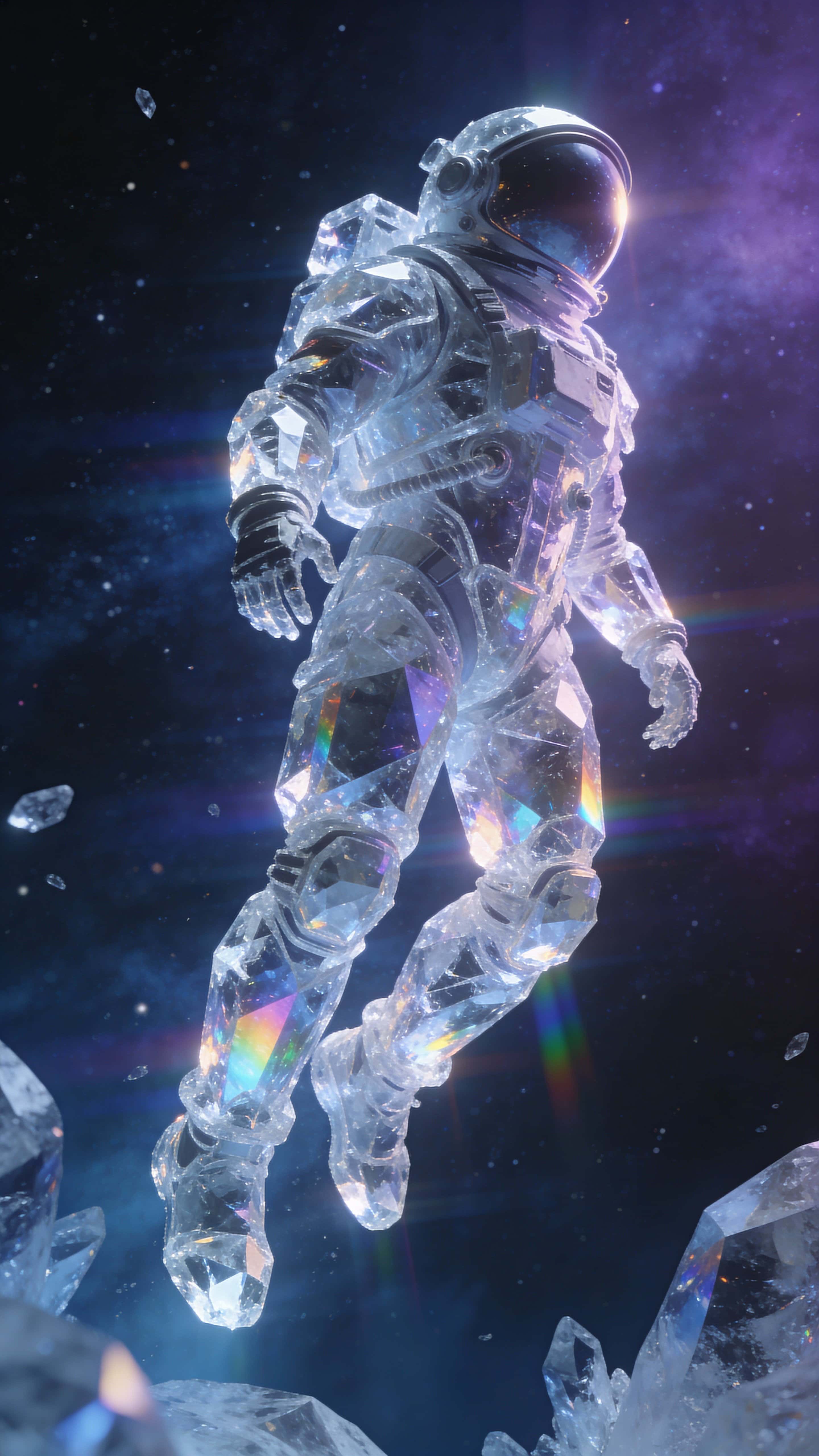 A lone astronaut in crystalline armor gently ascends in zero gravity against a deep starfield, prismatic highlights scatter across the suit, all framed vertically in a 9:16 cinematic crop.