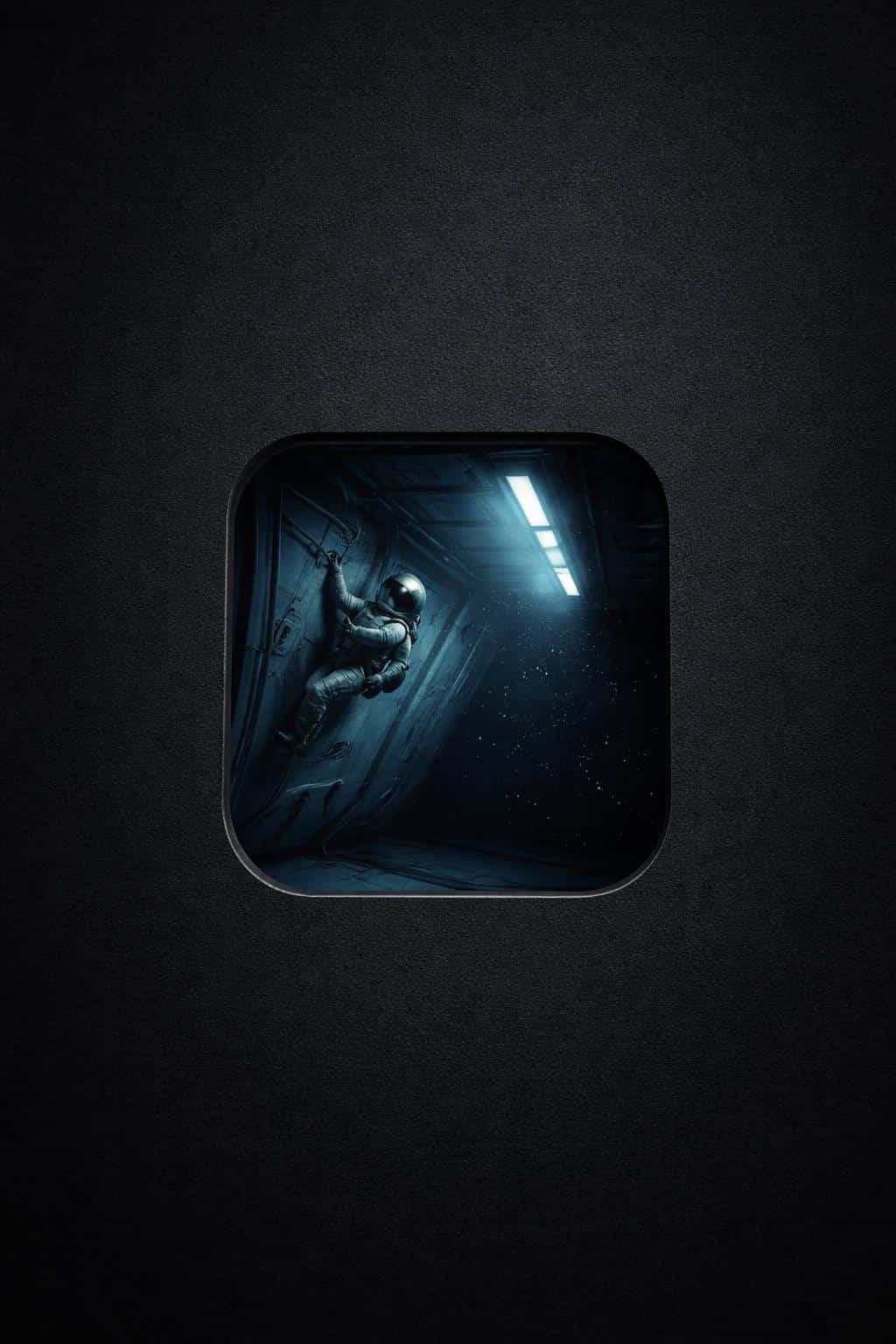 Portrait 2:3 with a deep charcoal background and soft vignette, a rounded square cutout in the lower-left third reveals a dim blue-lit room where gravity runs sideways and a small astronaut clings to the wall.