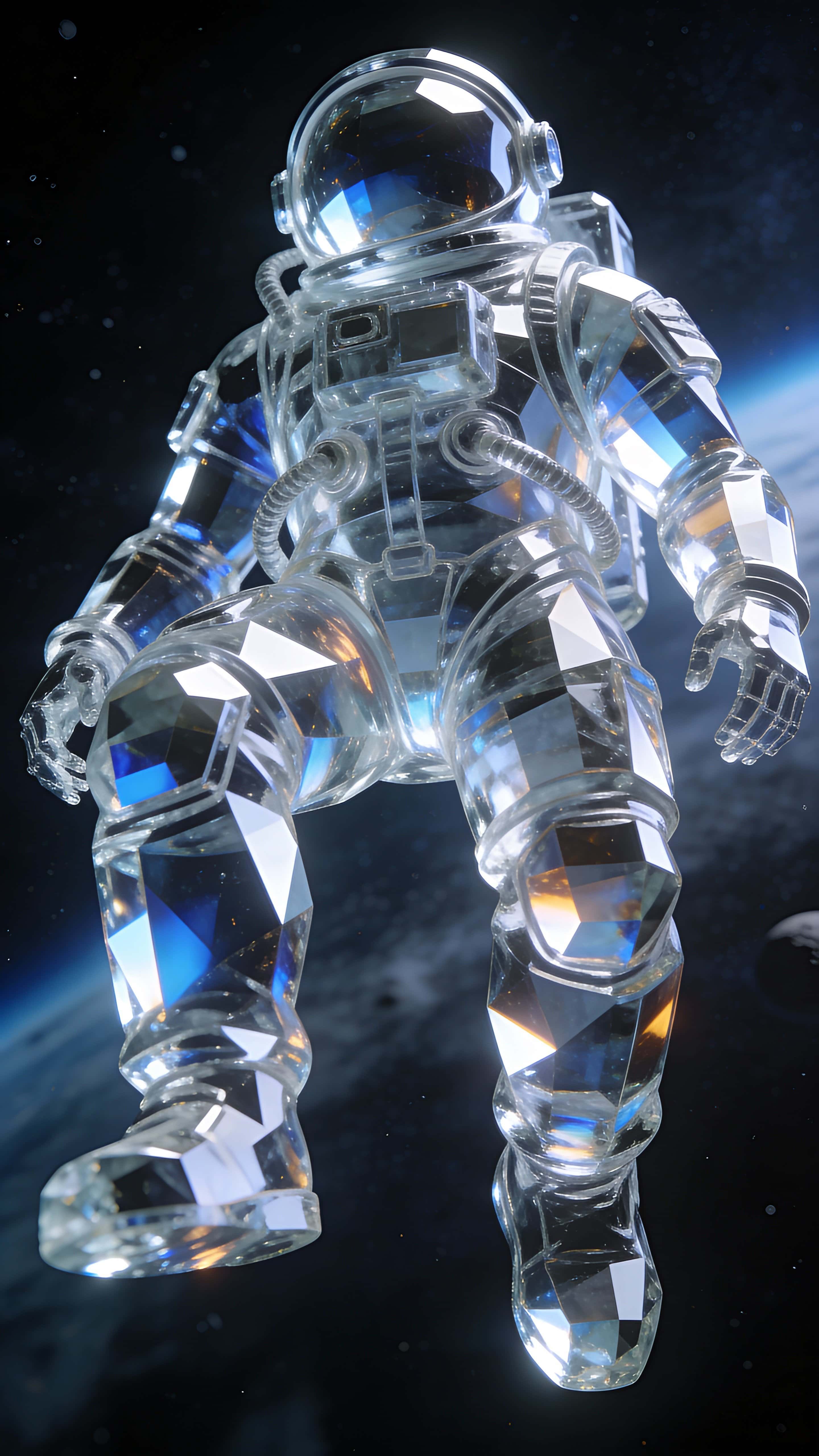 A transparent crystal glass astronaut sculpture with sharp faceted geometry and refracting light, accented by subtle blue and amber highlights, floating against deep space in a 9:16 vertical frame.
