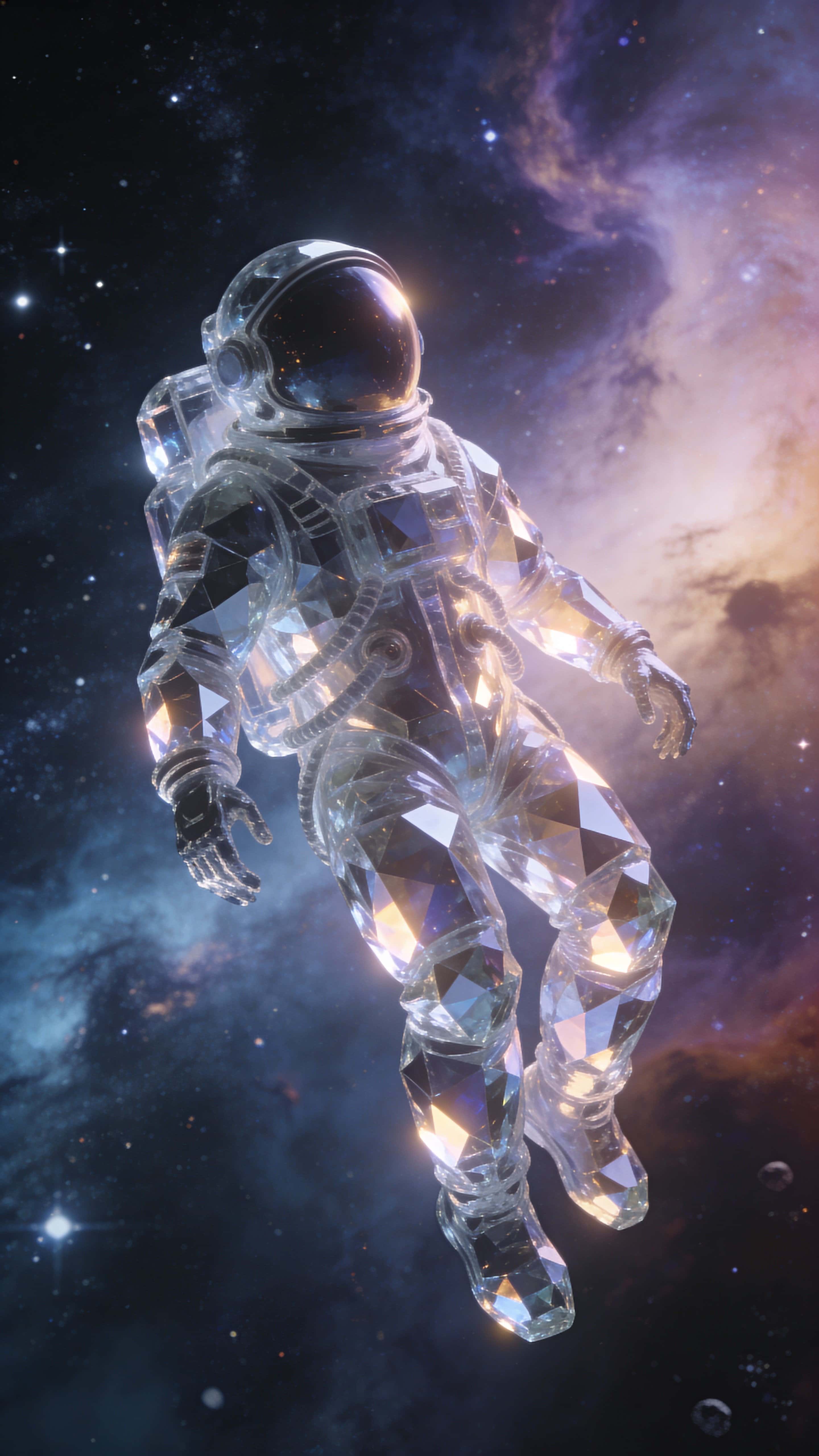 A lone astronaut in a faceted glass suit drifts vertically within a 9:16 frame against distant stars and glowing nebulae, centered mid-frame with ample vertical negative space.