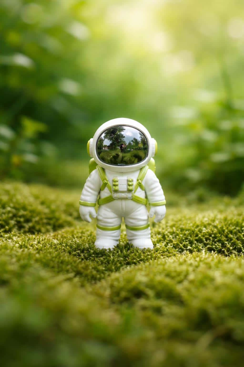 Miniature white and lime-green astronaut figurine standing on soft moss with blurred garden background in high-key product photography.