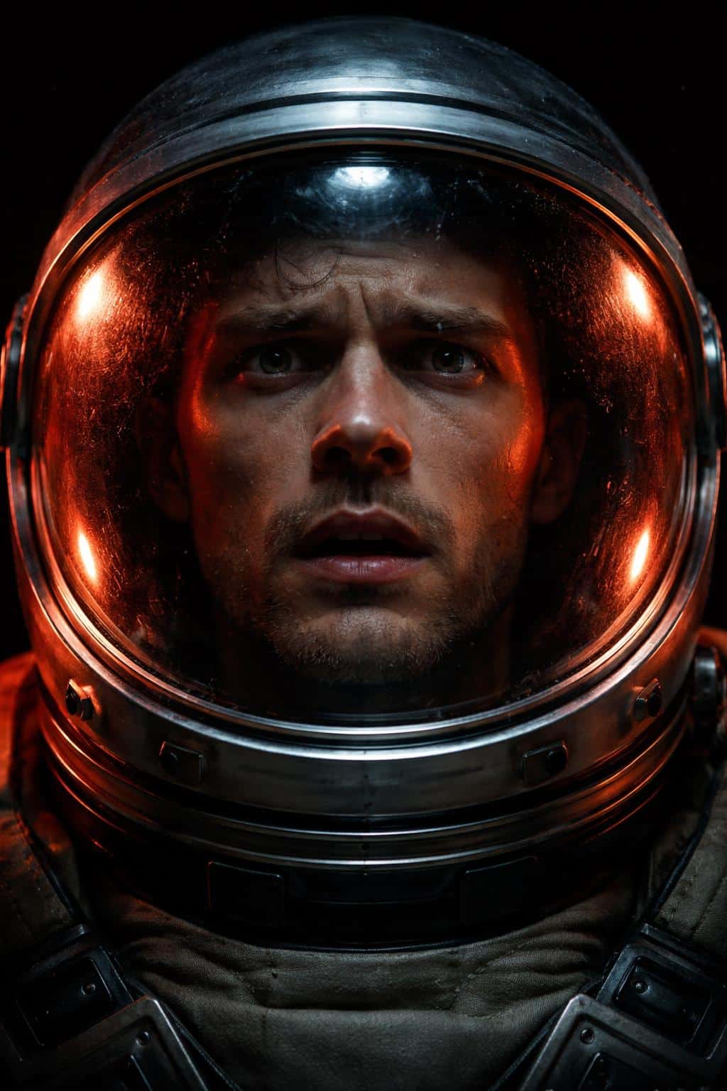 Close-up portrait of a single astronaut behind a domed helmet with strong red rim light and deep shadows, composed for a 2:3 poster-cover aspect ratio.