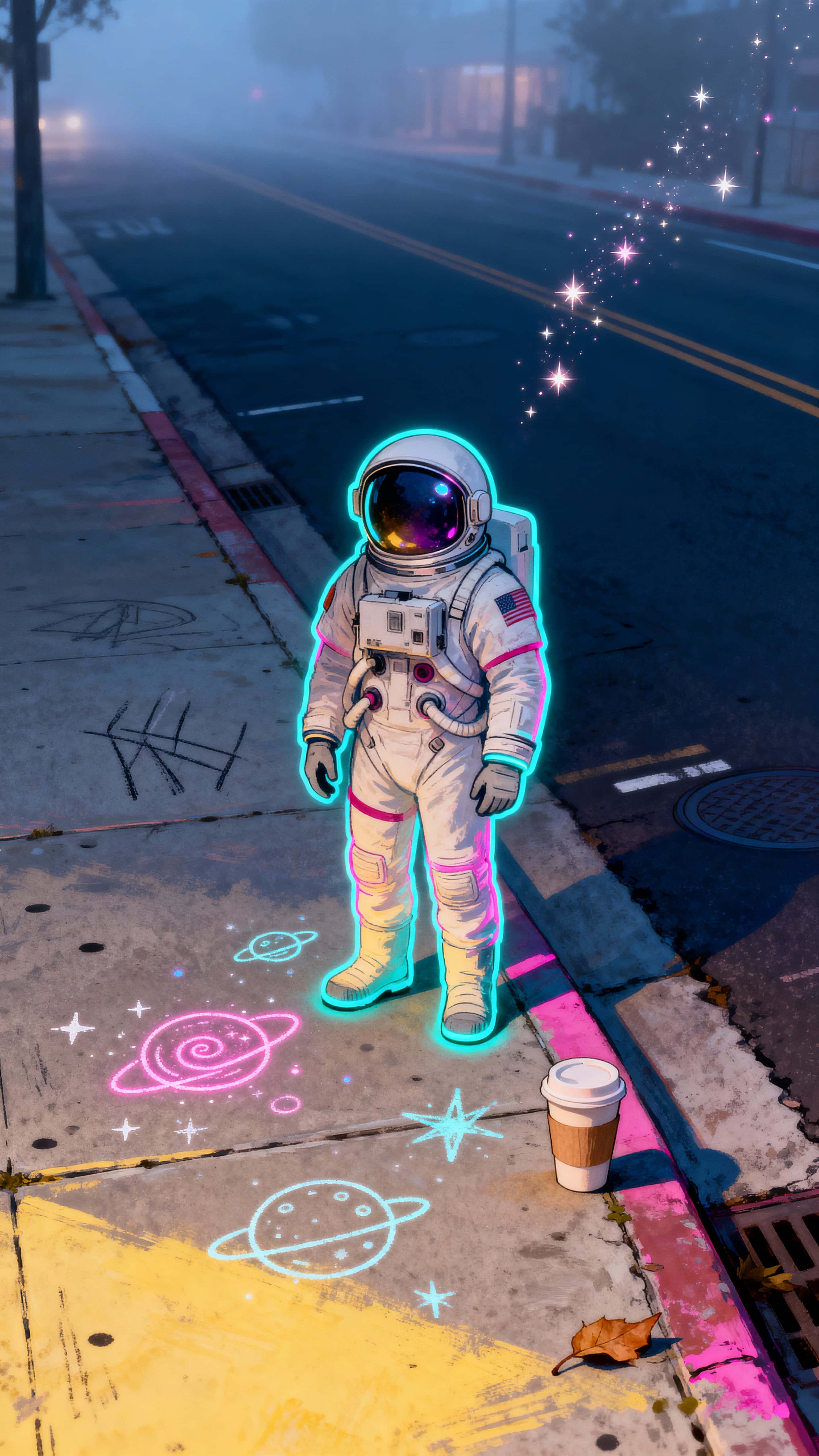 Centered astronaut stands on a city sidewalk in a tight 9:16 vertical crop, contemplative and playful amid whimsical doodle planets rising from boots, with cool neon rim and warm highlights.