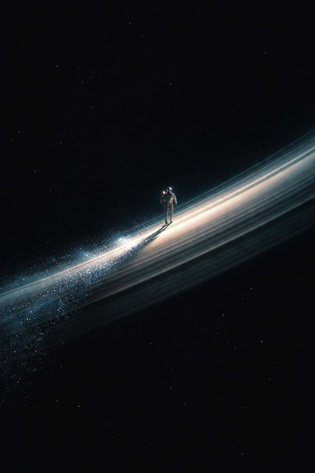A tiny astronaut walks along a diagonal Saturn-like ring arc in a 2:3 frame, scattering cyan-silver ice dust that glitters against deep black space.