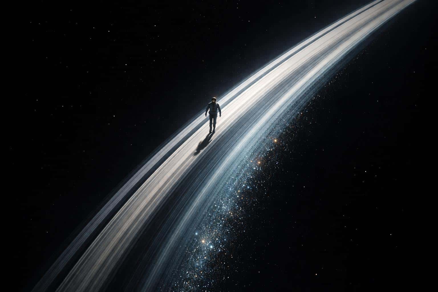 A tiny astronaut walks along the rising diagonal arc of a Saturn-like ring, kicking shimmering cyan and silvery ice dust that trails into warm amber glints against deep black space.