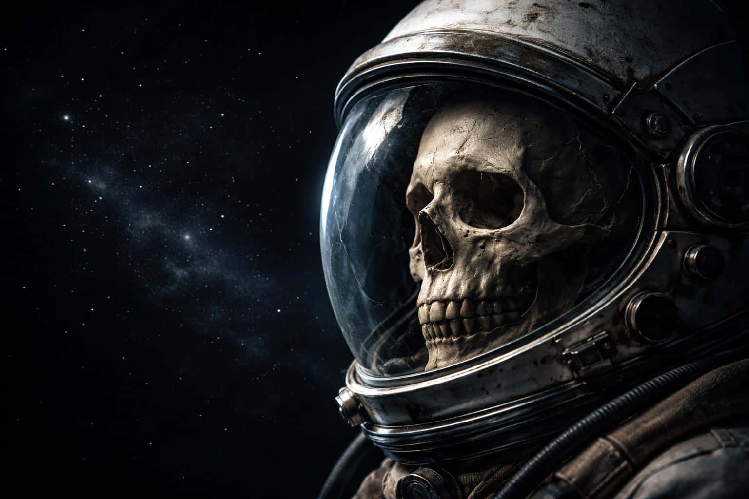Close-up 3D render of a skull inside an astronaut helmet, framed for a 3:2 poster-cover with high-contrast neo-noir lighting and deep space background.