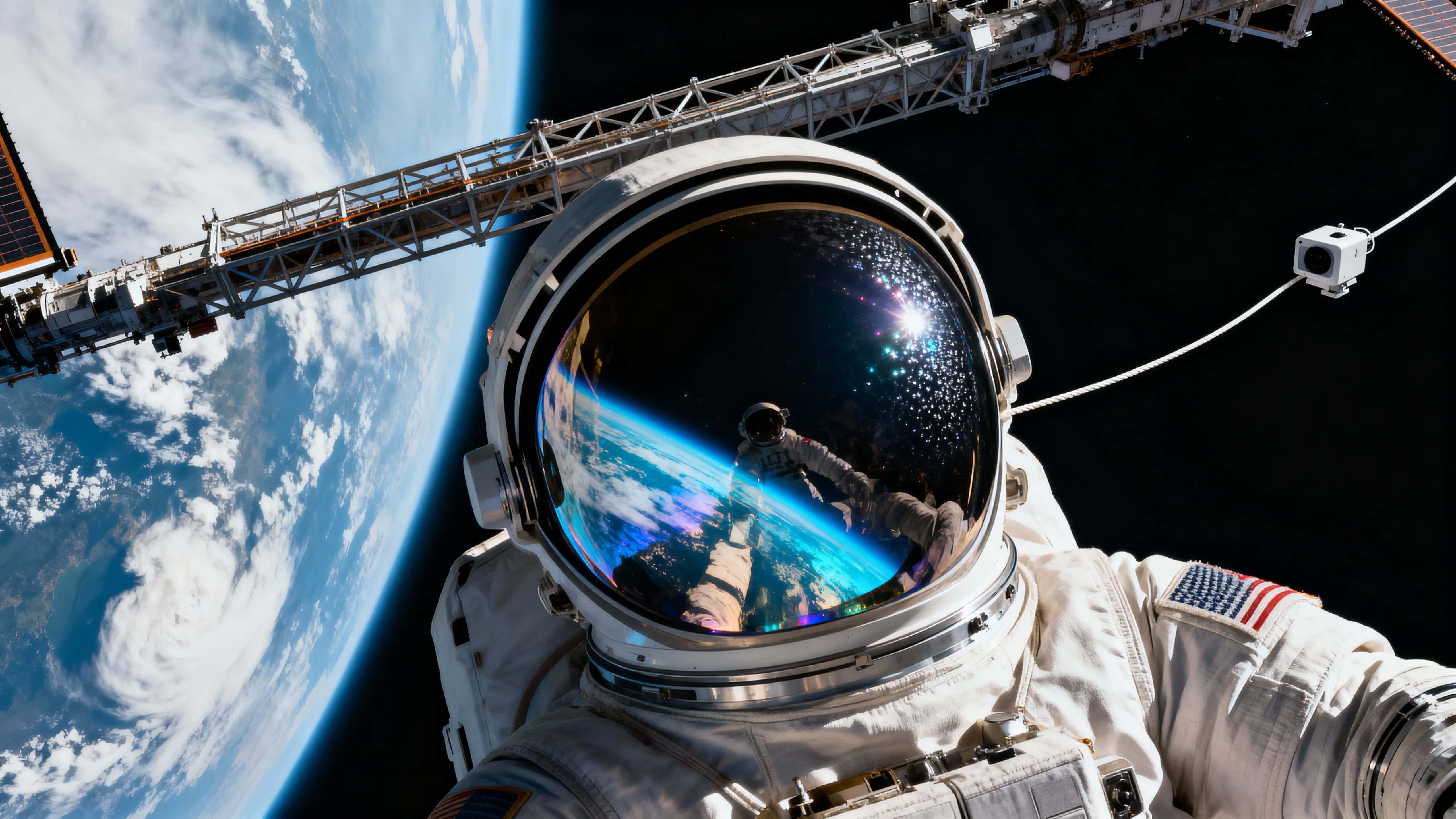 A cinematic spacewalk shows an astronaut tethered to a station truss with a reflective visor framing the blue planet below, cloud bands and ocean glints visible across the curve of Earth.