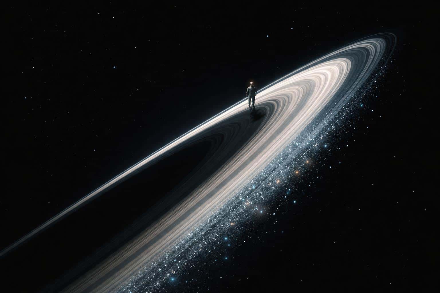 A vertical 3:2 poster shows a Saturn-like ring arc rising diagonally across near-black space with a tiny astronaut walking its icy edge, lifting drifting cyan-silvery dust with amber visor glints.