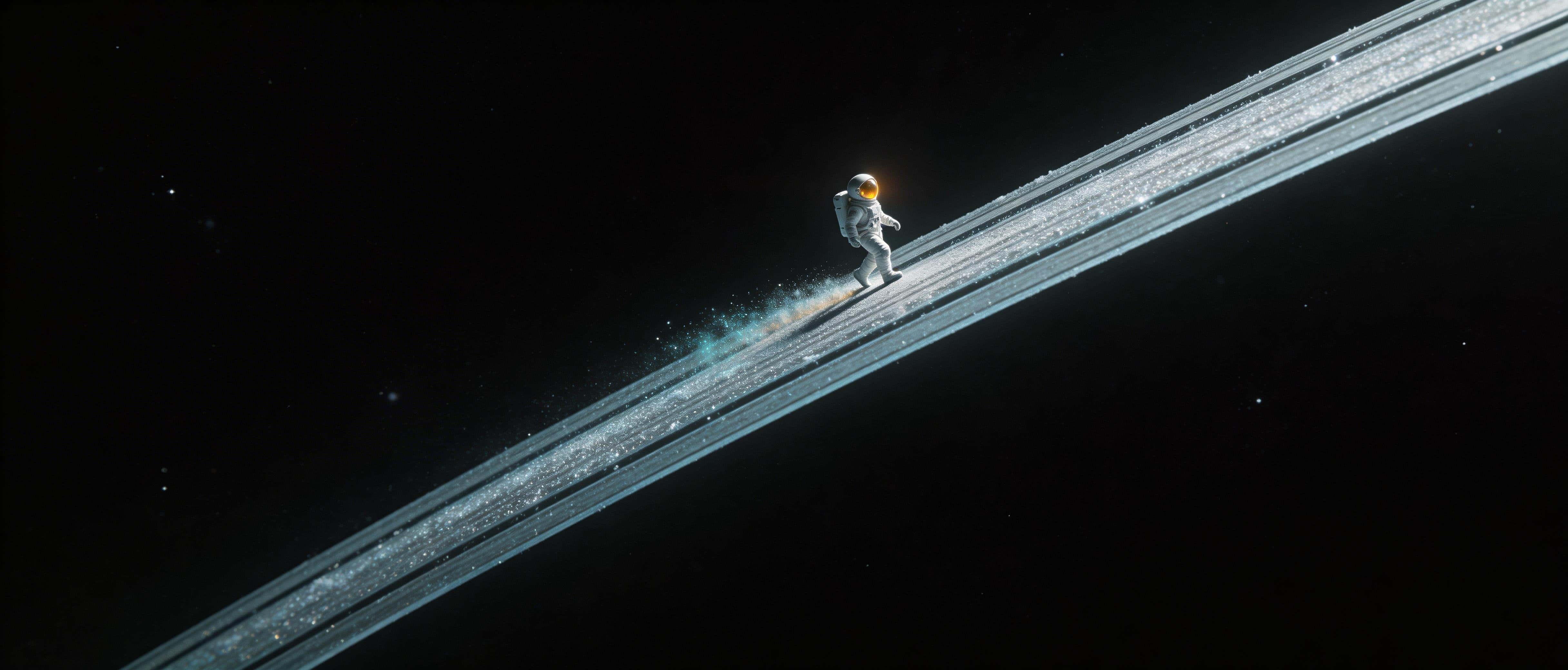 A solitary astronaut walks along the glowing edge of a massive planetary ring, leaving a trail of shimmering ice dust against the vast blackness of space.