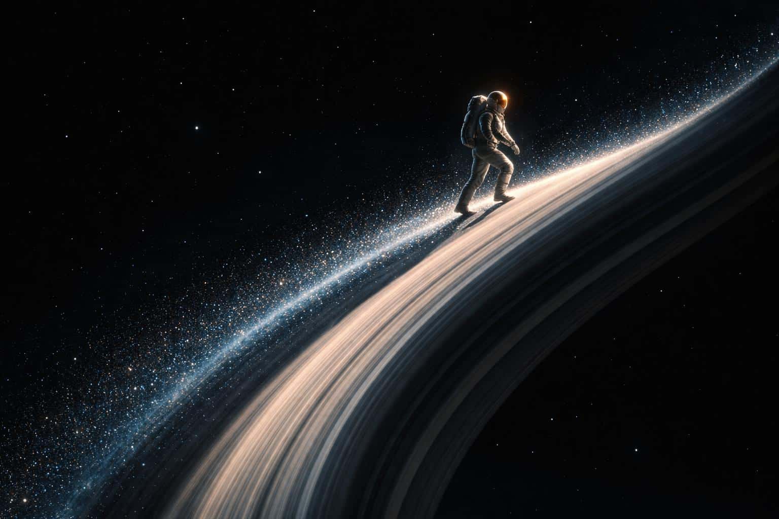 A tiny astronaut walks along a diagonal Saturn-like ring arc across a vertical 3:2 poster, stirring cyan and silver dust into a tapering trail while amber glints on the suit.