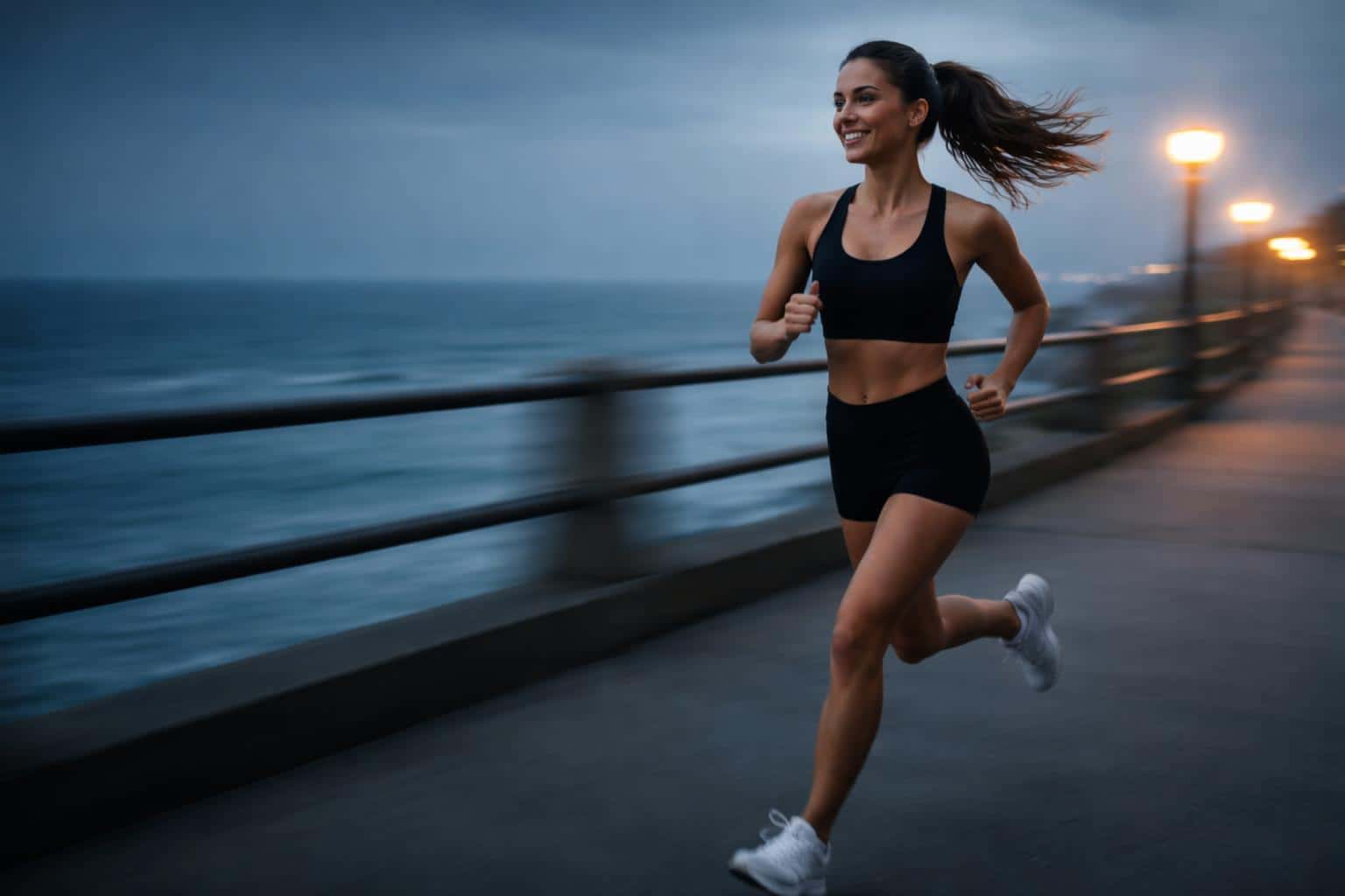 Cinematic 3:2 editorial photo at blue hour of an athletic woman running along a seaside boardwalk, sharp face and torso with lateral motion blur, cool slate and deep-teal tones with warm amber lamps.