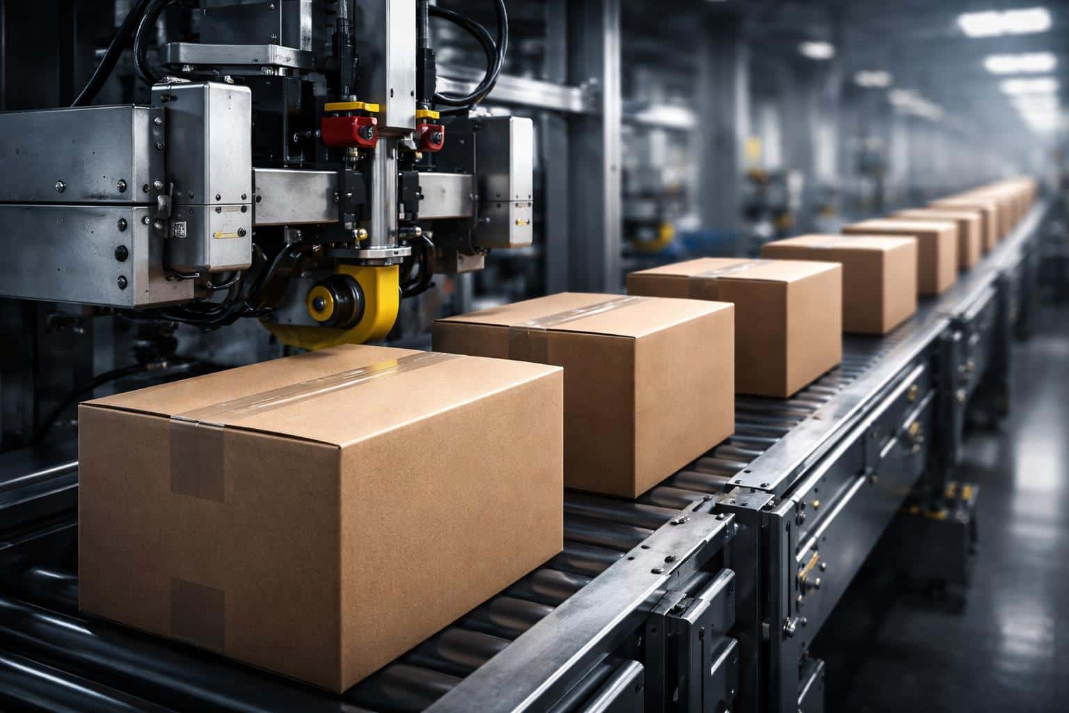 High-speed automated packaging line sealing cardboard boxes, photographed as an industrial production scene with crisp rim lighting and 3:2 framing for poster use.