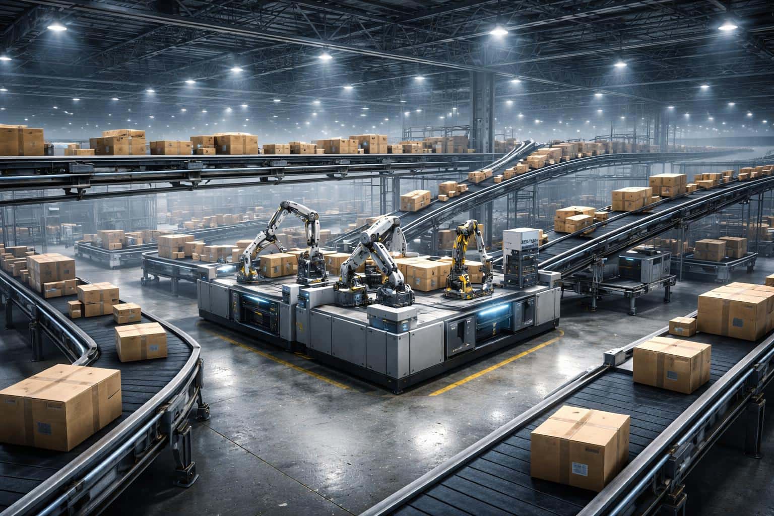 Interior 3D-render of an automated sorting center with overhead conveyors, robotic handlers, and parcels flowing under cool industrial light, framed for 3:2 layout.