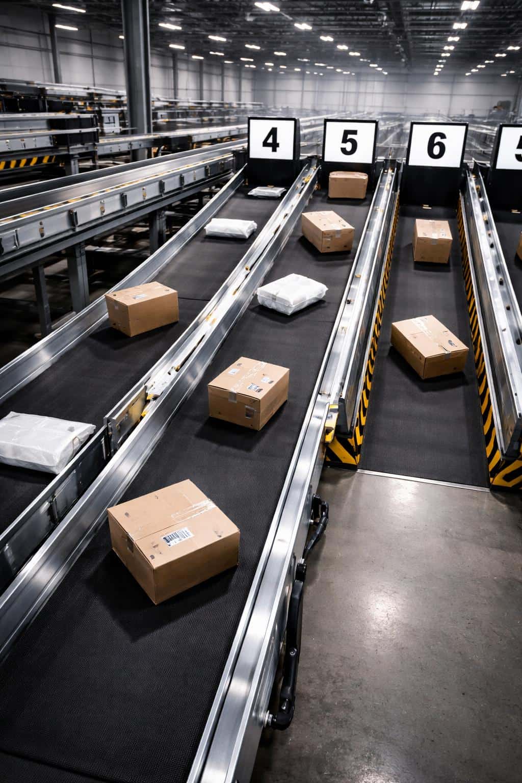 Photographic industrial view of automated sorting conveyors directing packages into lanes, composed and cropped for a vertical 2:3 poster-cover and functional precision.