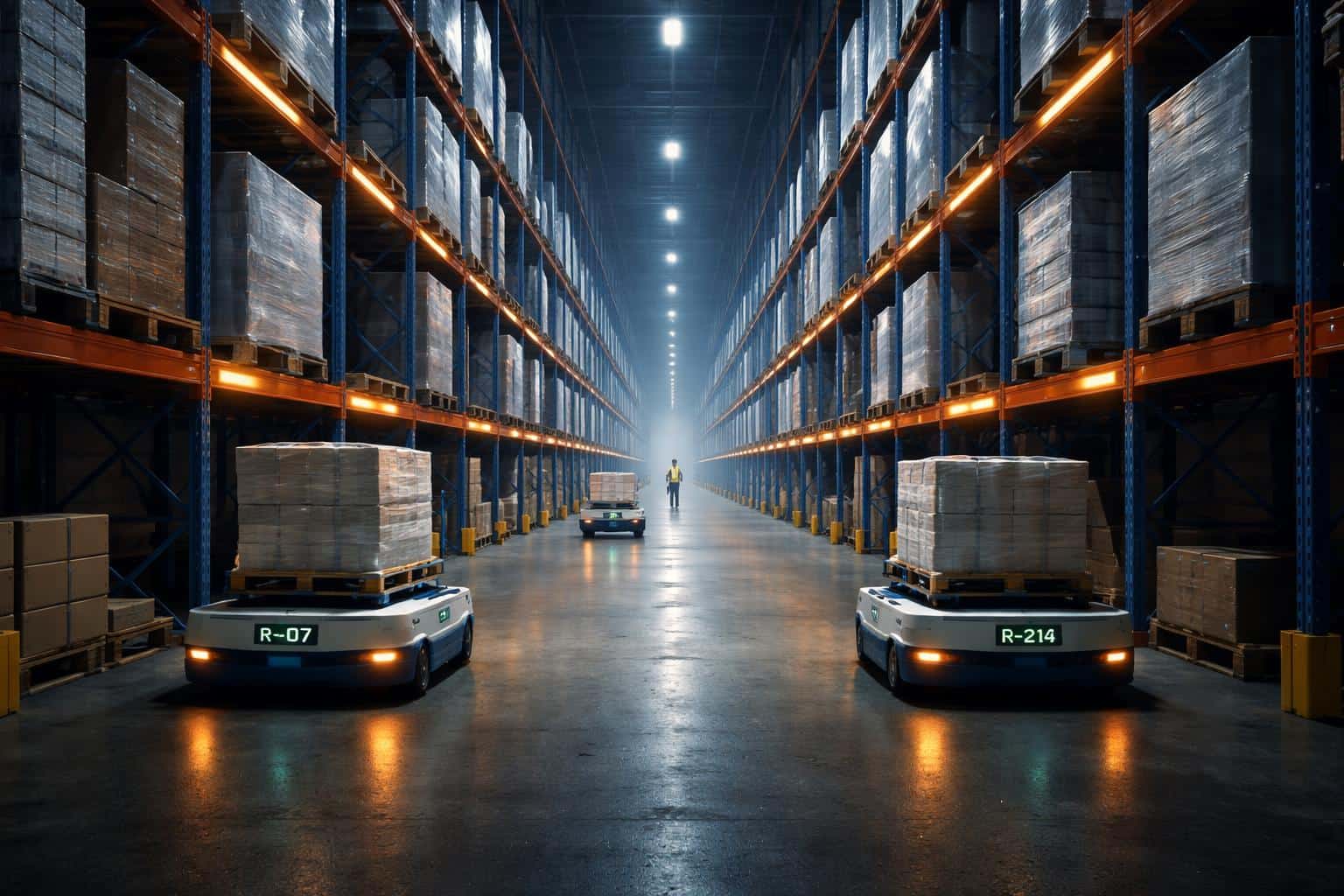 A dramatic 3:2 industrial photograph of an automated warehouse aisle with mobile robots, barcode indicator lights, and strong architectural framing for a poster cover.