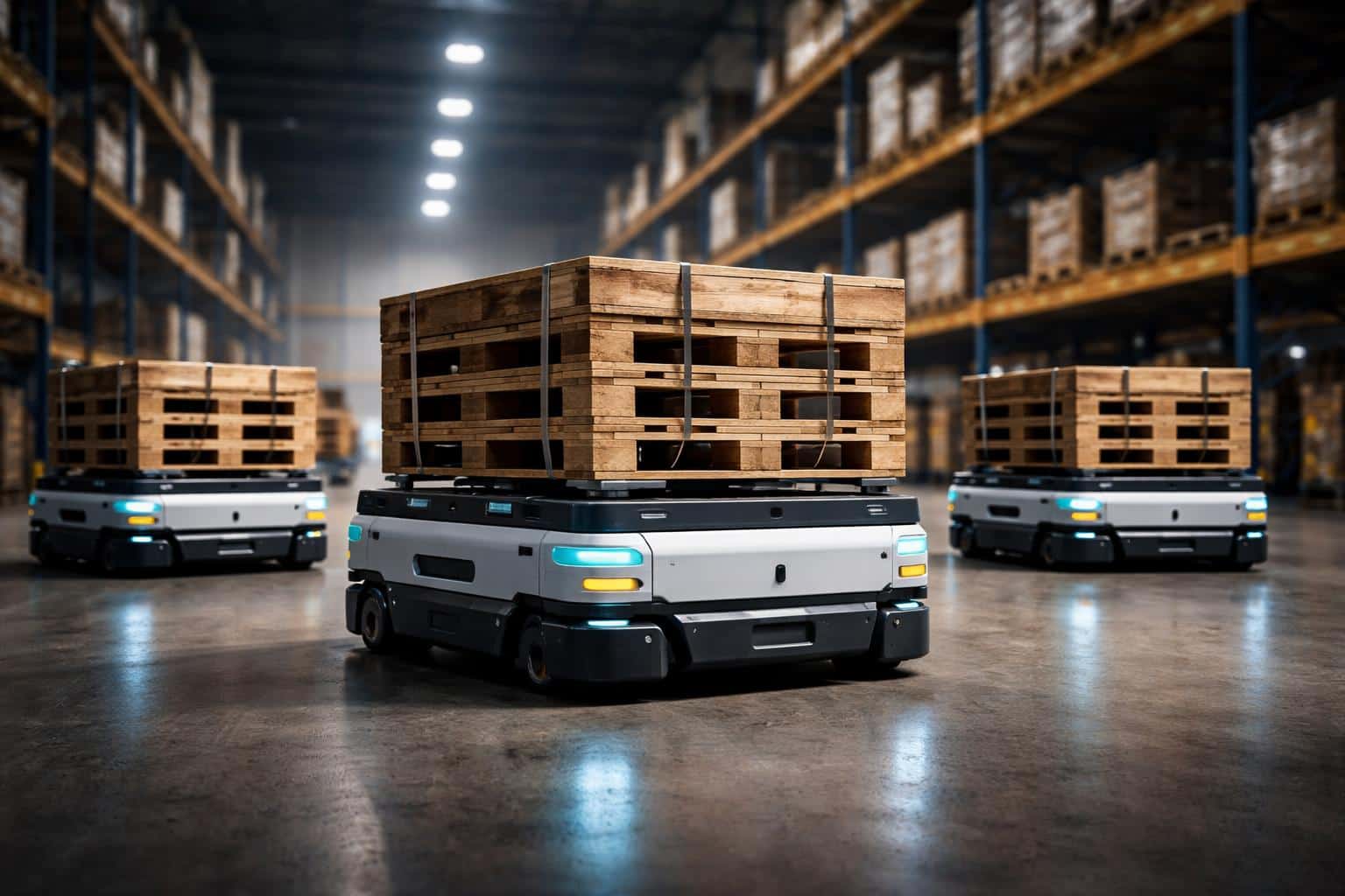 Three autonomous robots moving wooden pallets in a 3:2 industrial photography composition, low-angle view for poster-cover or editorial use.