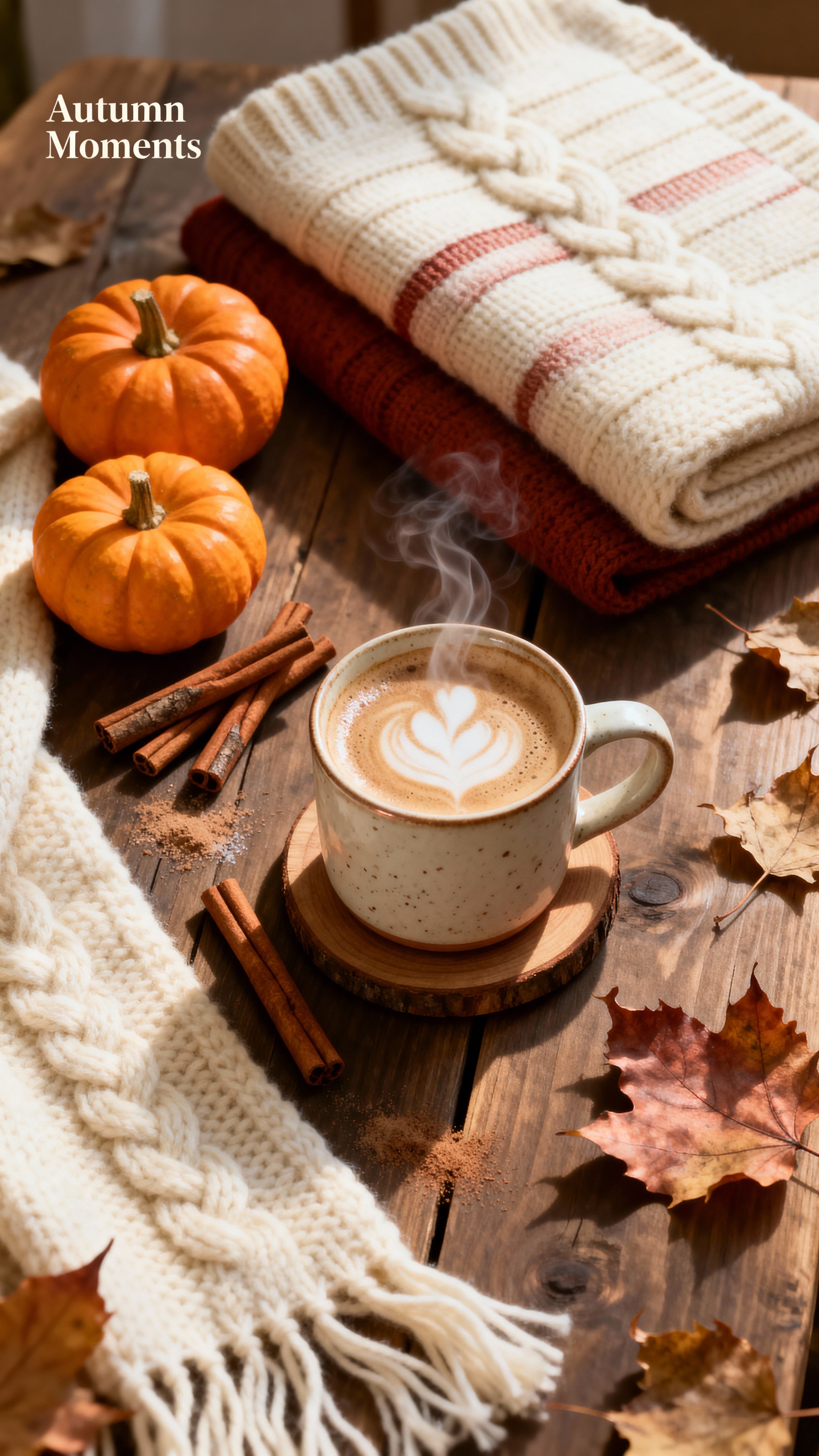 Flat-lay of autumn elements on a rustic wooden table including a folded knit scarf, cinnamon sticks, mini pumpkins, dried leaves and a steaming coffee mug with foam art, shot from above with warm, soft natural light and high-detail textures