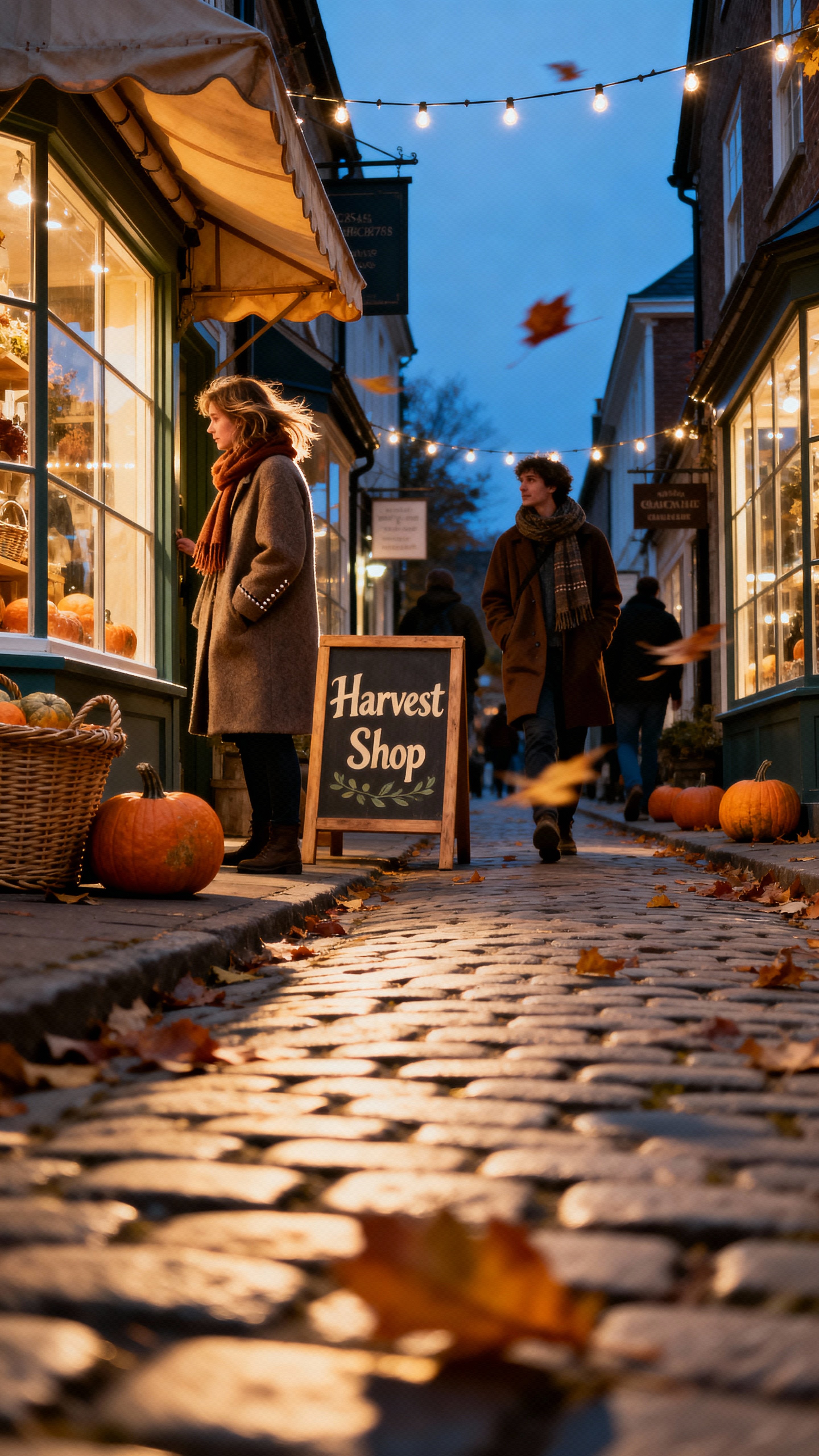 A cozy cobblestone street lined with small shops decorated for fall, pumpkins and string lights in windows, pedestrians in coats strolling under a gentle twilight glow.