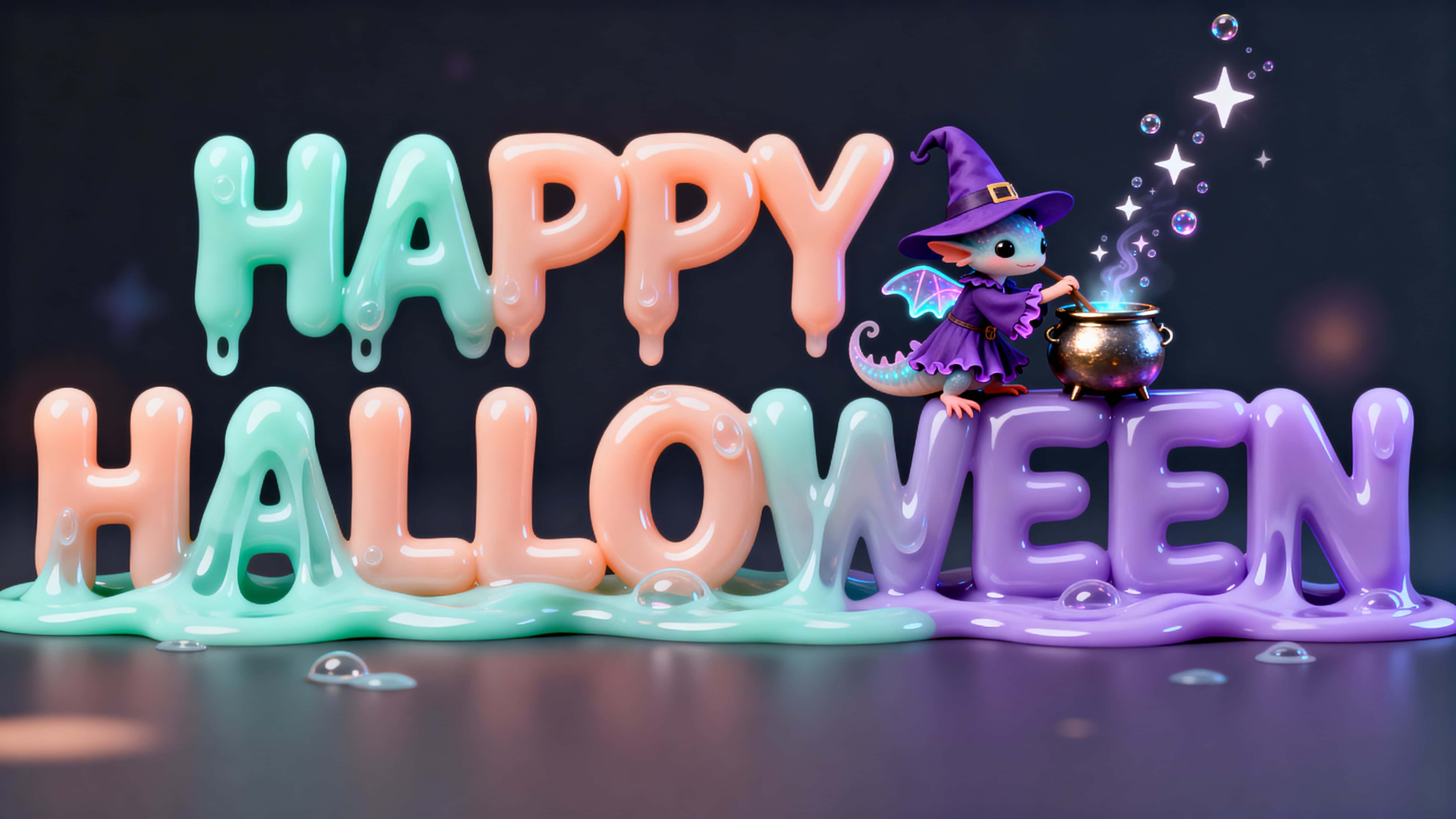 16:9 photo-real 3D render of full-frame HAPPY HALLOWEEN in bouncy slime mint #b8f3df, peach #ffc5a1, lavender #d9b3ff; soft meniscus highlights, a tiny axolotl witch stirring a cauldron on the 'A', star bubbles, subtle bloom and clean card-
