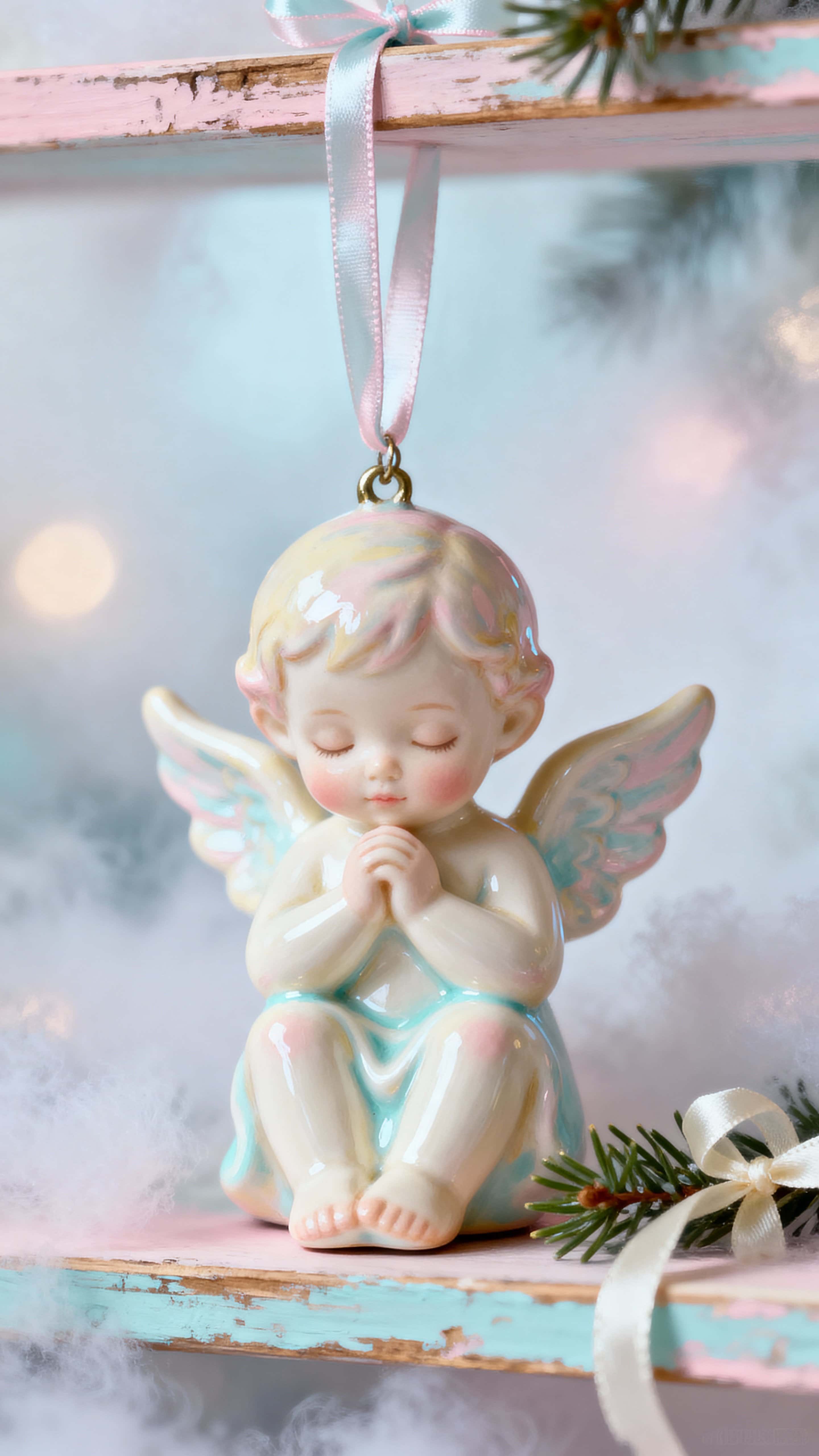A delicate baby angel ornament floats in soft pastel fog, captured vertically in a 9:16 frame to emphasize tender scale and quiet, intimate mood for display or product imagery.