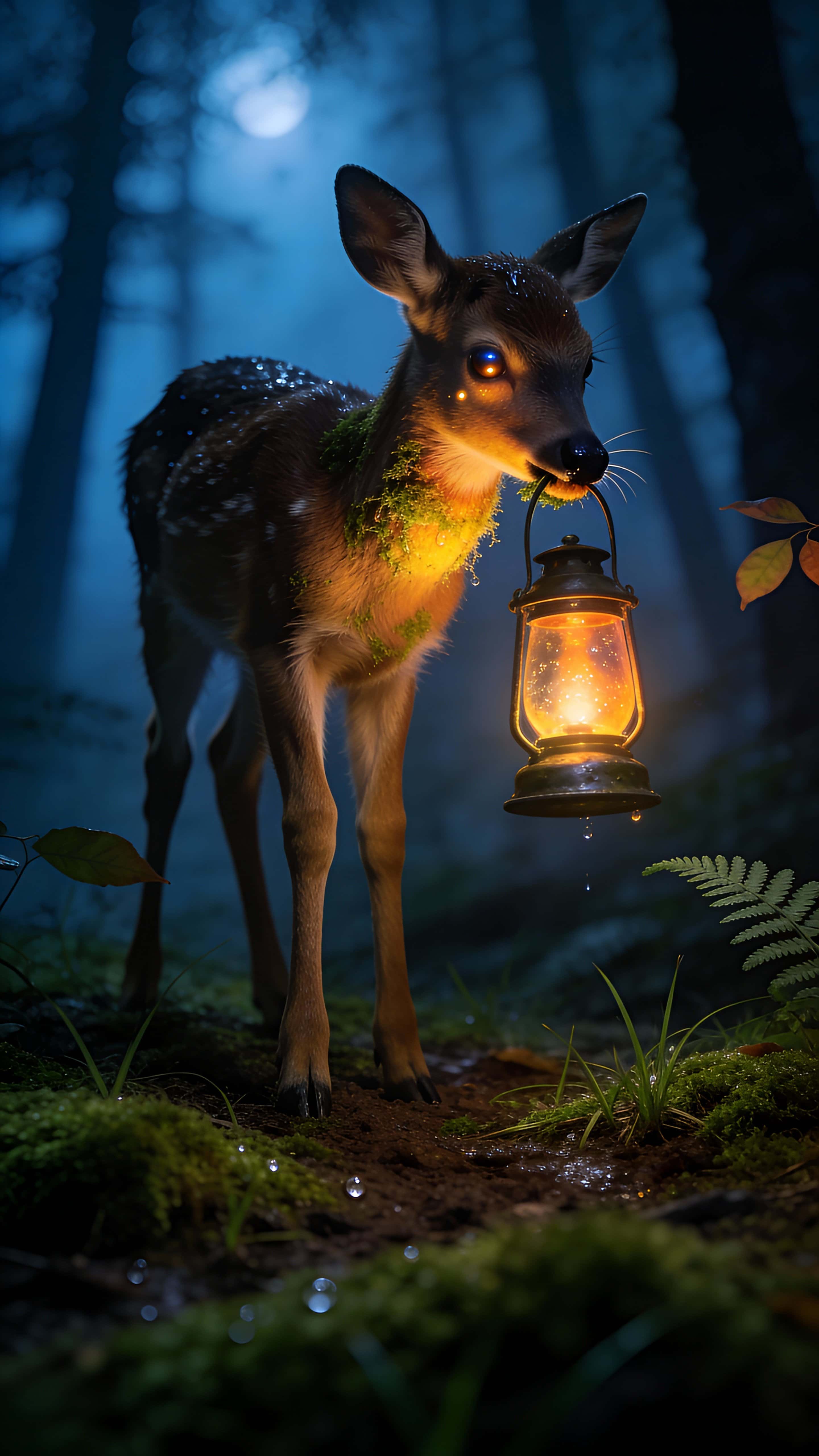 A photoreal baby deer stands centered in a calm forest night, holding a glowing lantern in its mouth that warms its delicate fur against blue fog and mossy ground.