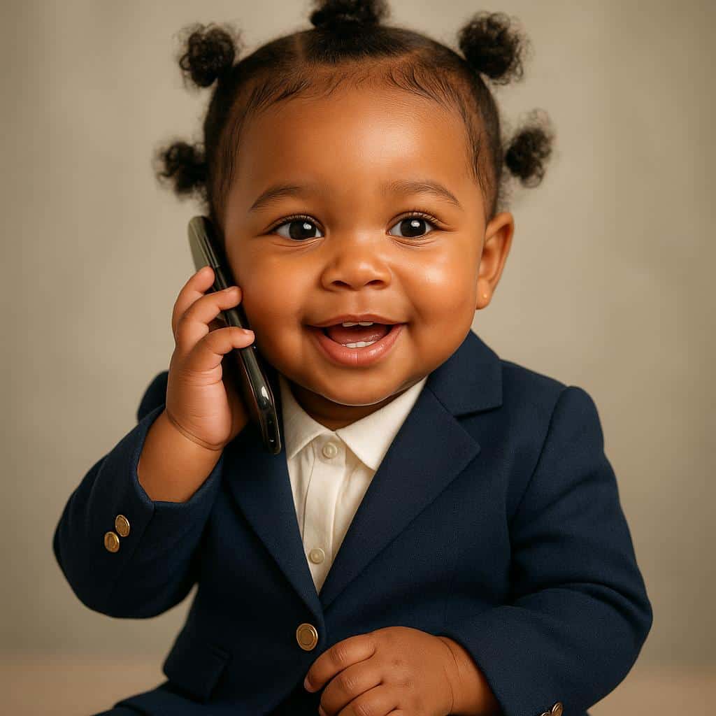 A radiant baby girl smiles brightly while holding a smartphone to her ear, wearing a miniature corporate blazer and skirt in a warm, softly blurred professional setting.