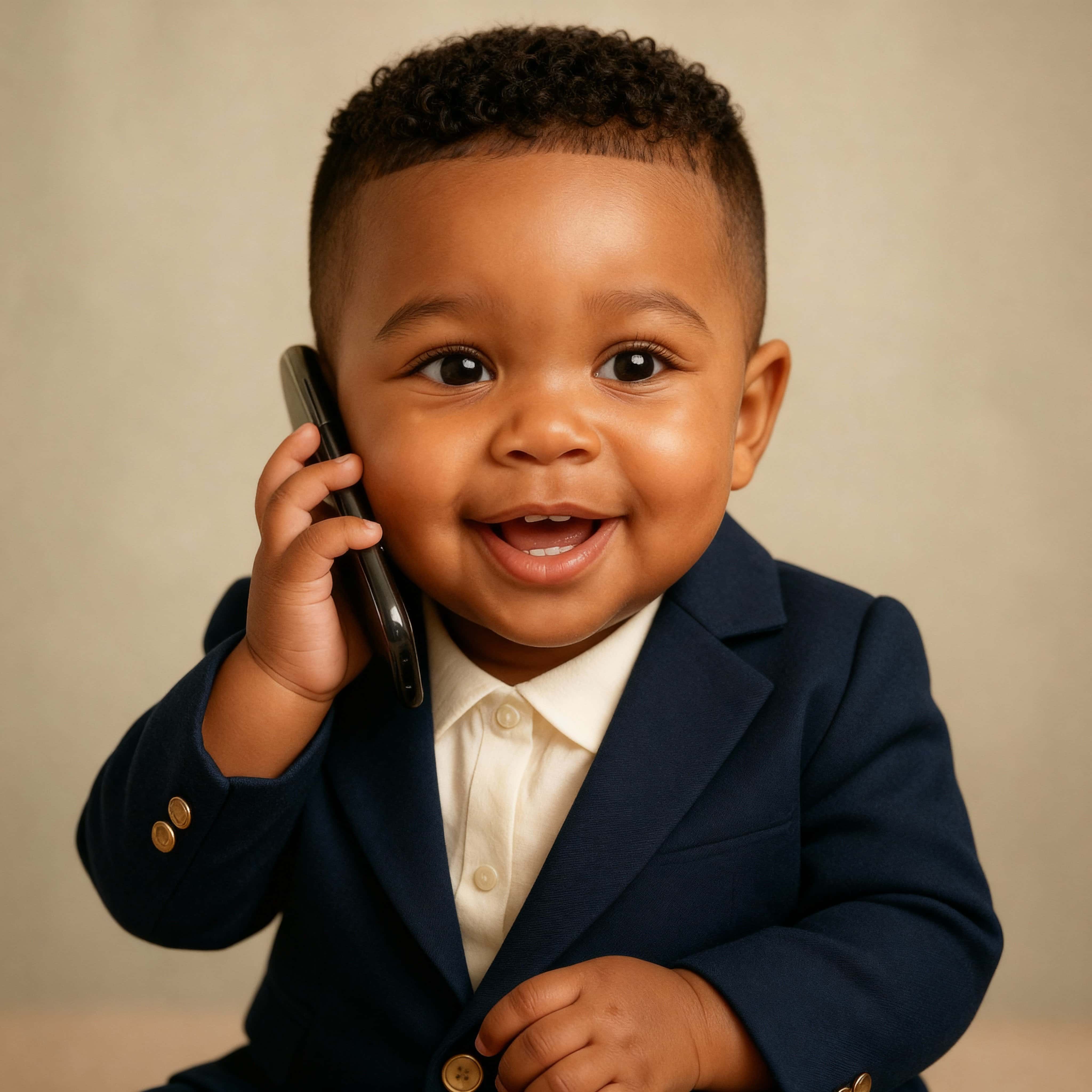 Modify the photographed baby to appear as a baby boy by changing the hairstyle to a short tapered cut, removing the visible earring, and restyling the blazer.