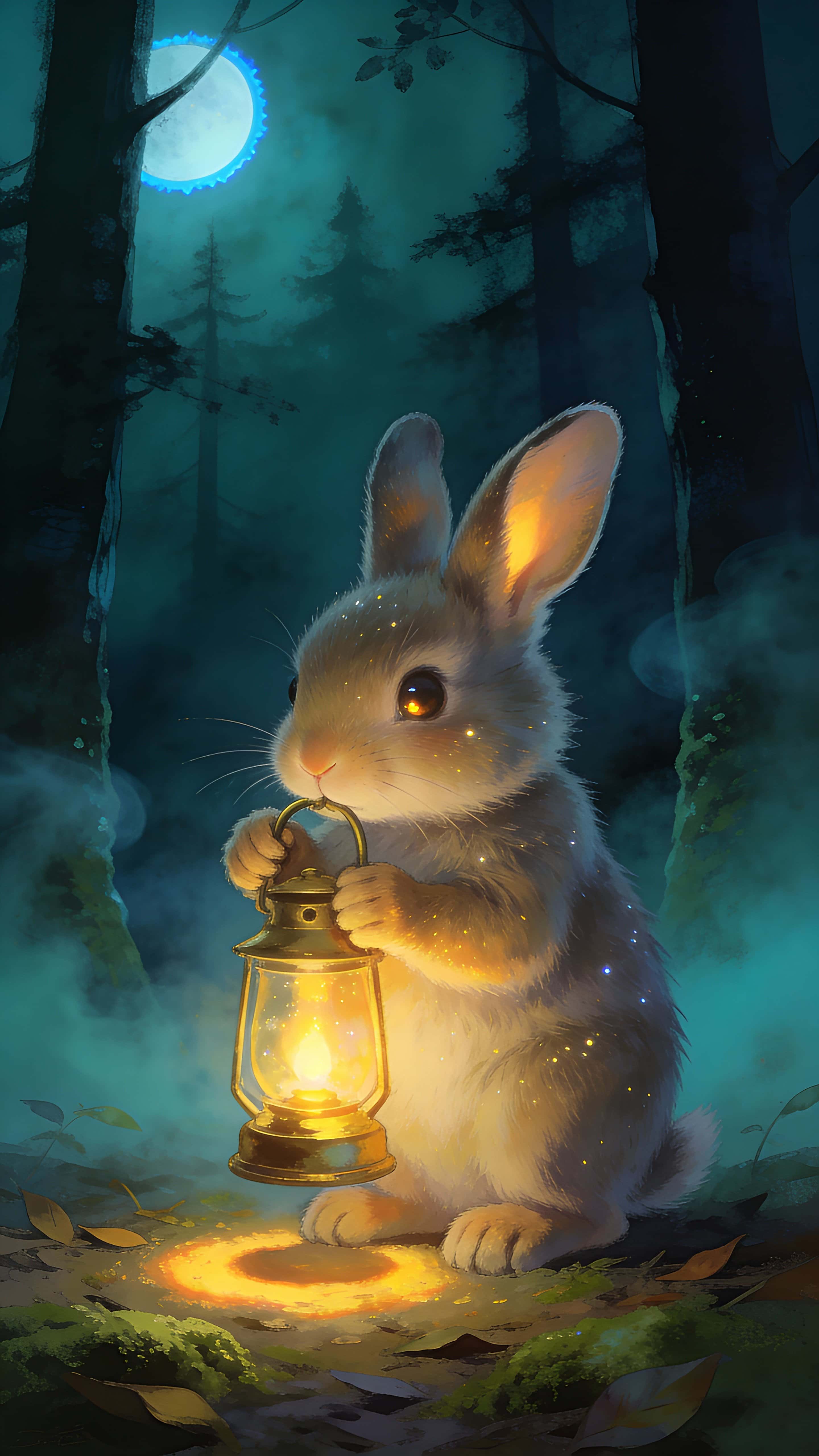 A centered baby rabbit holds a tiny glowing lantern in a vertical moonlit forest clearing, warm golden glow against cool teal mist — calm, tender mood.