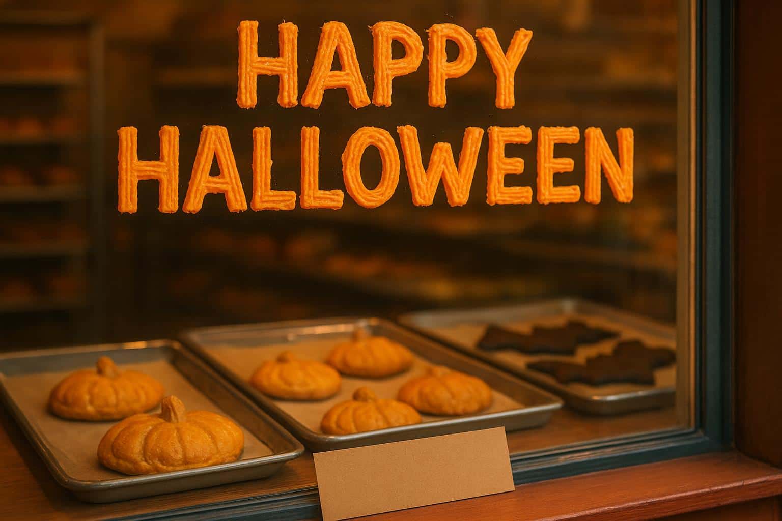 Corner bakery window staged for Halloween with hand-piped buttercream script, crystal-highlighted frosting, trays of pumpkin hand pies and bat cookies, and a blank kraft placard on the sill for copy.