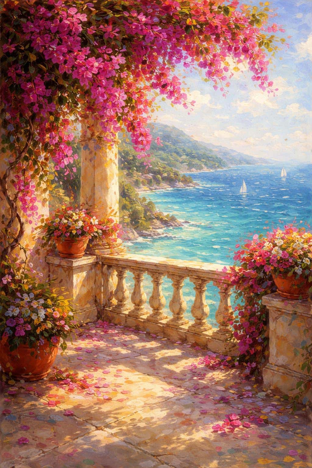 Vertical impressionist oil scene of a sun-drenched stone balcony with cascading magenta bougainvillea overlooking a sparkling Mediterranean sea, evoking romantic, breezy summer haze.