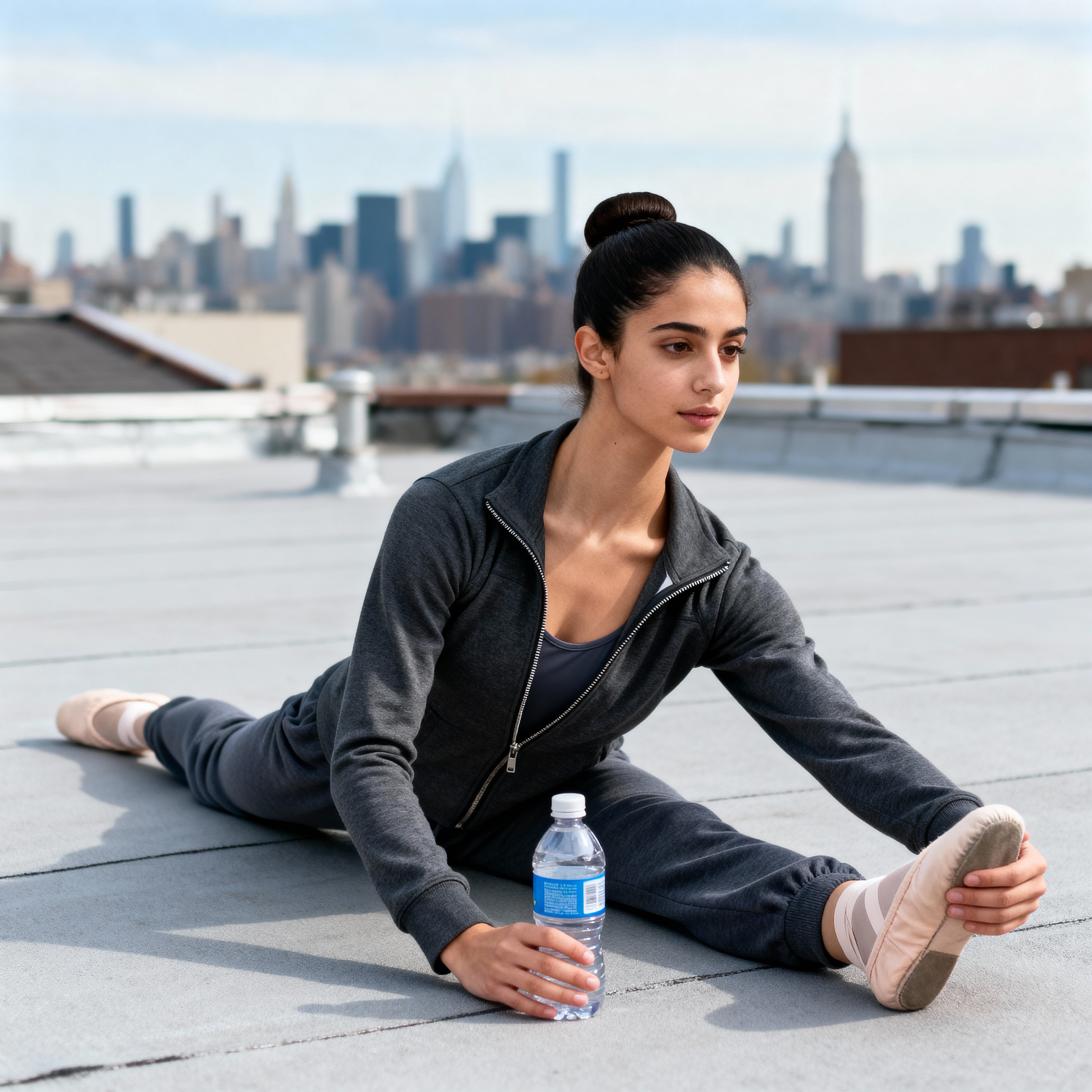 A 21-year-old Armenian American ballet student stretches on a Manhattan rooftop in a charcoal zip-up and warm-beige joggers, olive skin and dark bun, worn-terracotta slippers, water-bottle prop, half-body editorial portrait with soft-white,