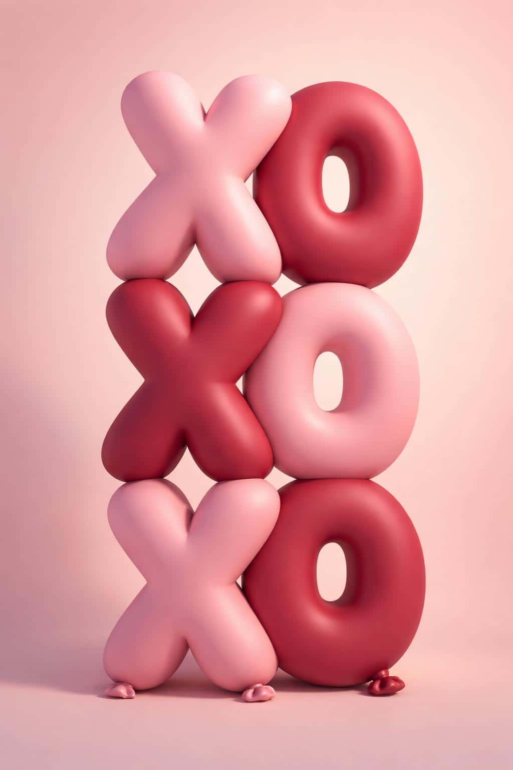 Matte rubber balloon letters X and O stacked in a vertical 2:3 frame, soft pink and crimson pairs leaning together over a clean pastel gradient background.