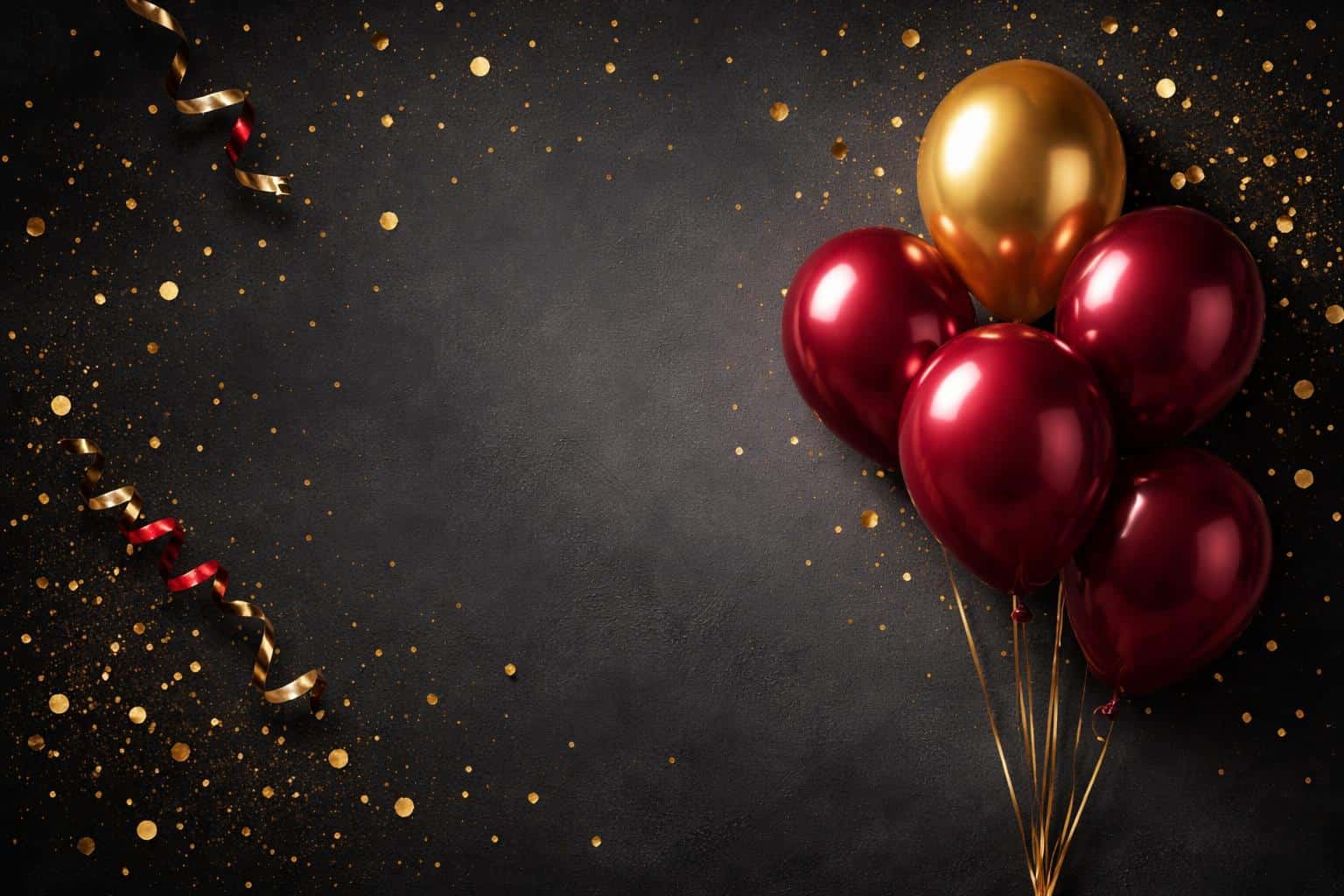 Cluster of metallic red and gold balloons with scattered glitter confetti and ribbon on a dark slate background, photographed as a 3:2 birthday card background image.