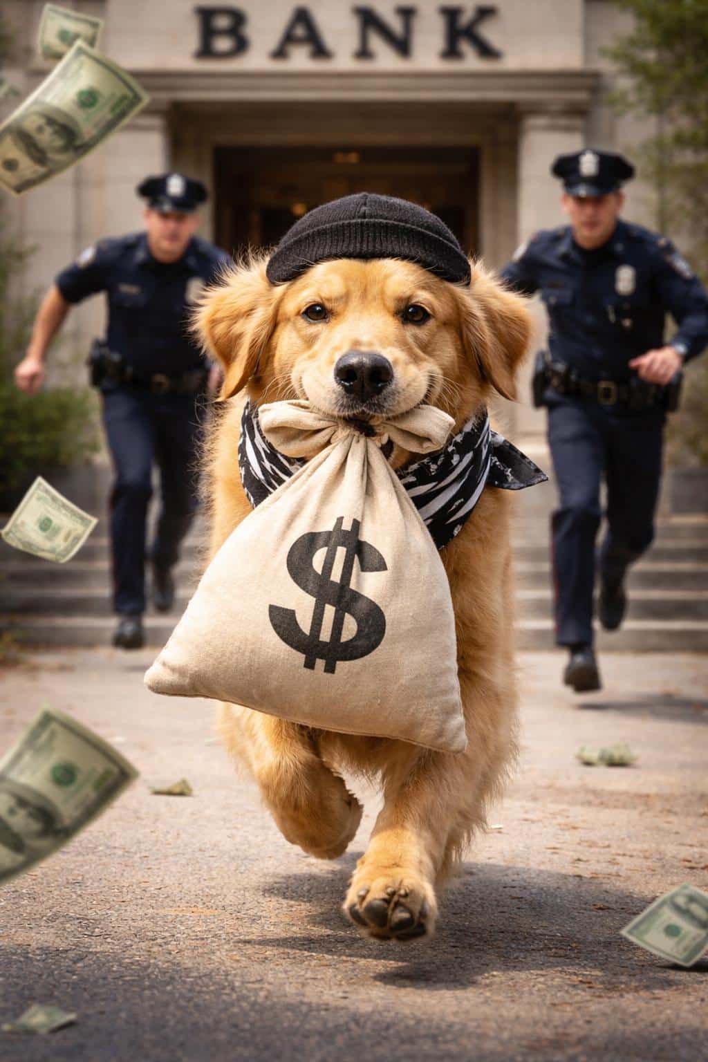 Golden retriever in burglar costume dashes from a bank entrance in a staged pet-photography scene, mid-action with fleeing money and two officers chasing, vivid narrative poster style.