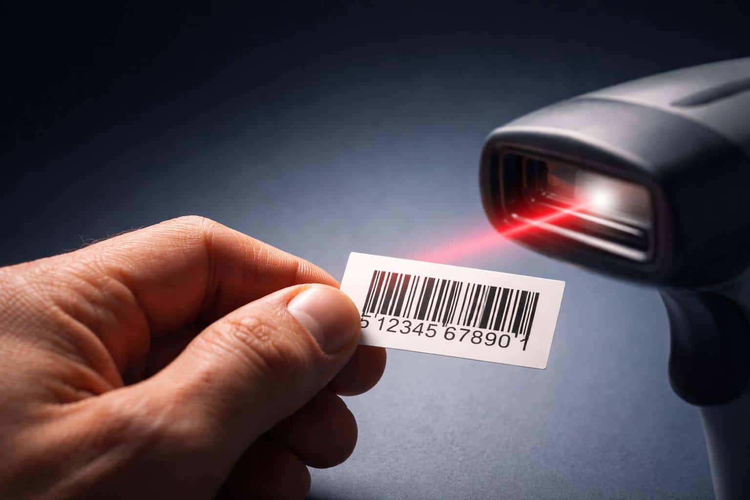 Close-up of a realistic hand scanning a barcode in a 3:2 crop, photographed as product-style imagery for a social-post or poster, emphasizing tactile skin and screen detail.