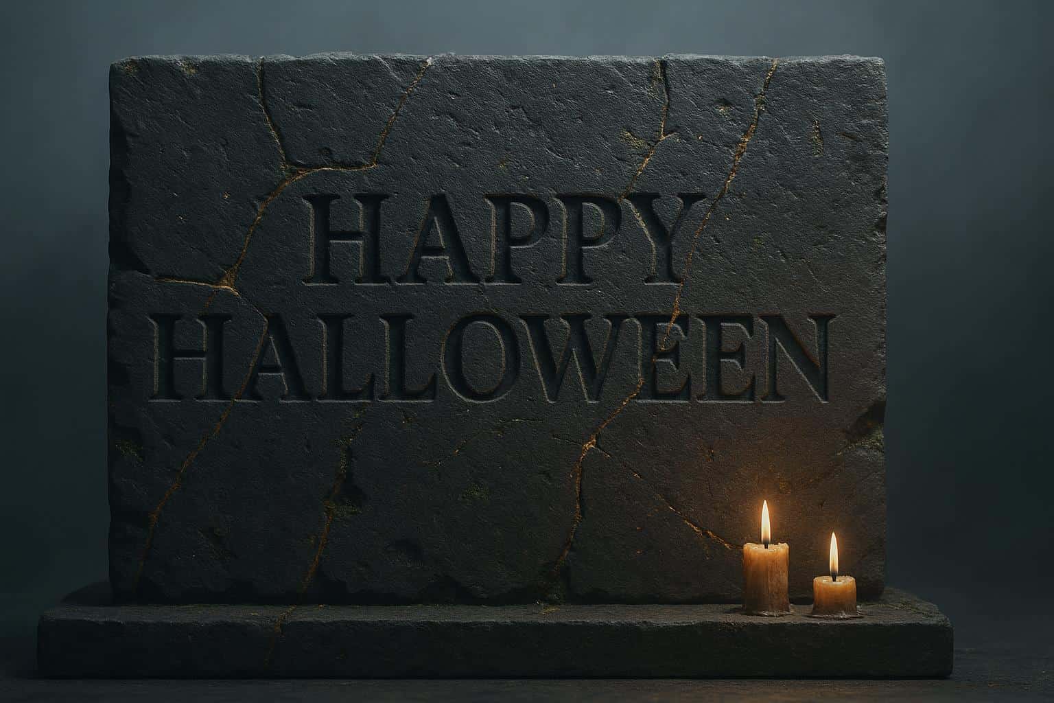A monumental 3:2 render of “HAPPY HALLOWEEN” chiseled from dark basalt blocks with molten-gold kintsugi seams, moss flecks, carved dust, soft fog backdrop, and candle gleam.