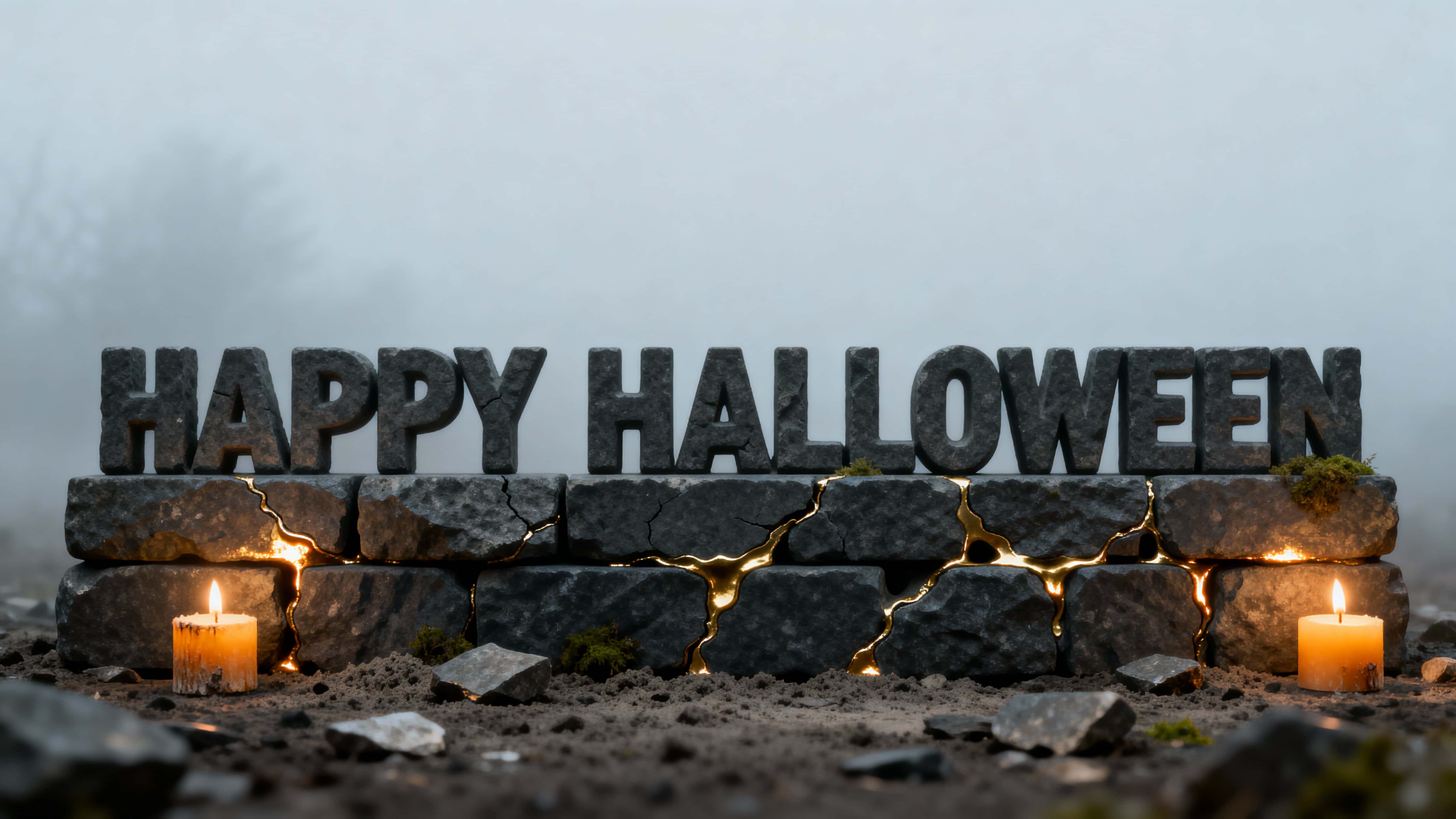 Chiseled uppercase "HAPPY HALLOWEEN" carved from dark basalt blocks with molten-gold kintsugi seams, moss flecks in recesses, dust in valleys, soft fog backdrop and calm mood.